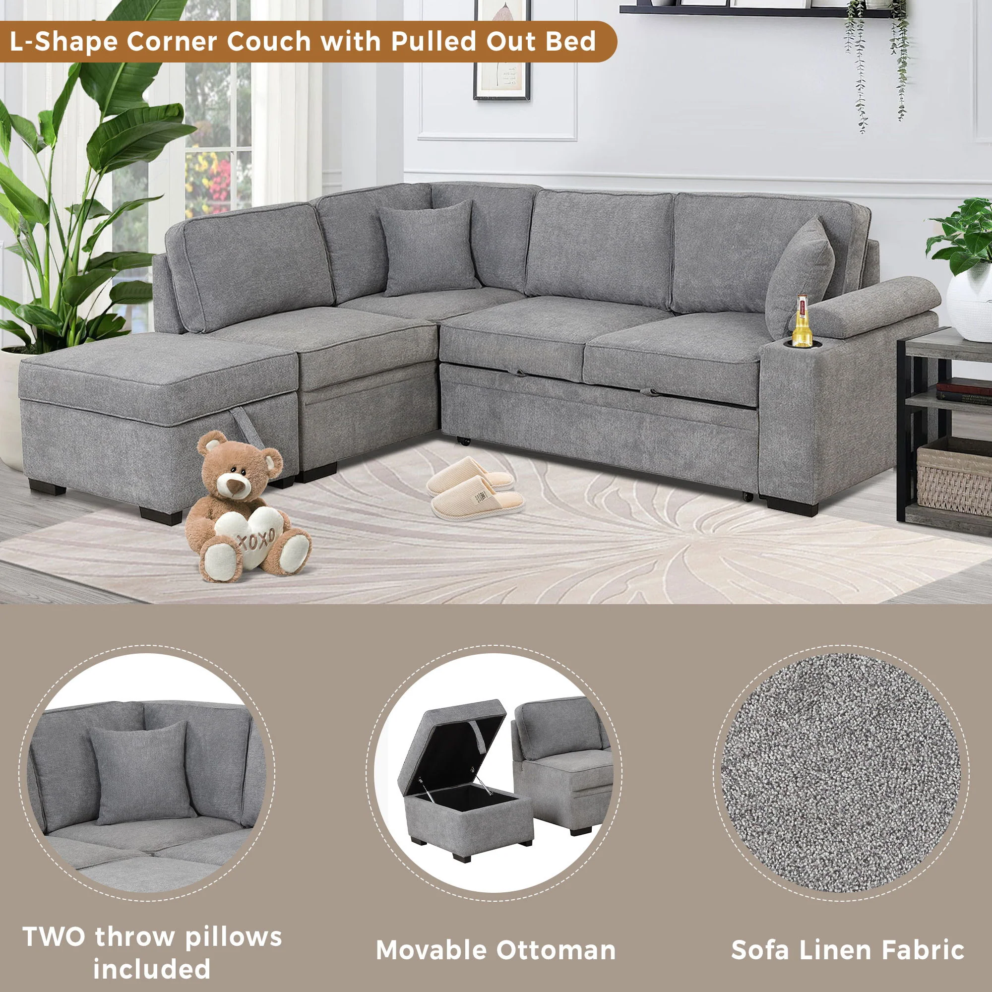 Sleeper Sofa Bed, 2 In 1 Pull Out Sofa Bed L Shape Couch With Storage Ottoman For Living Room, Bedroom Couch And Small Apartment - Image 12