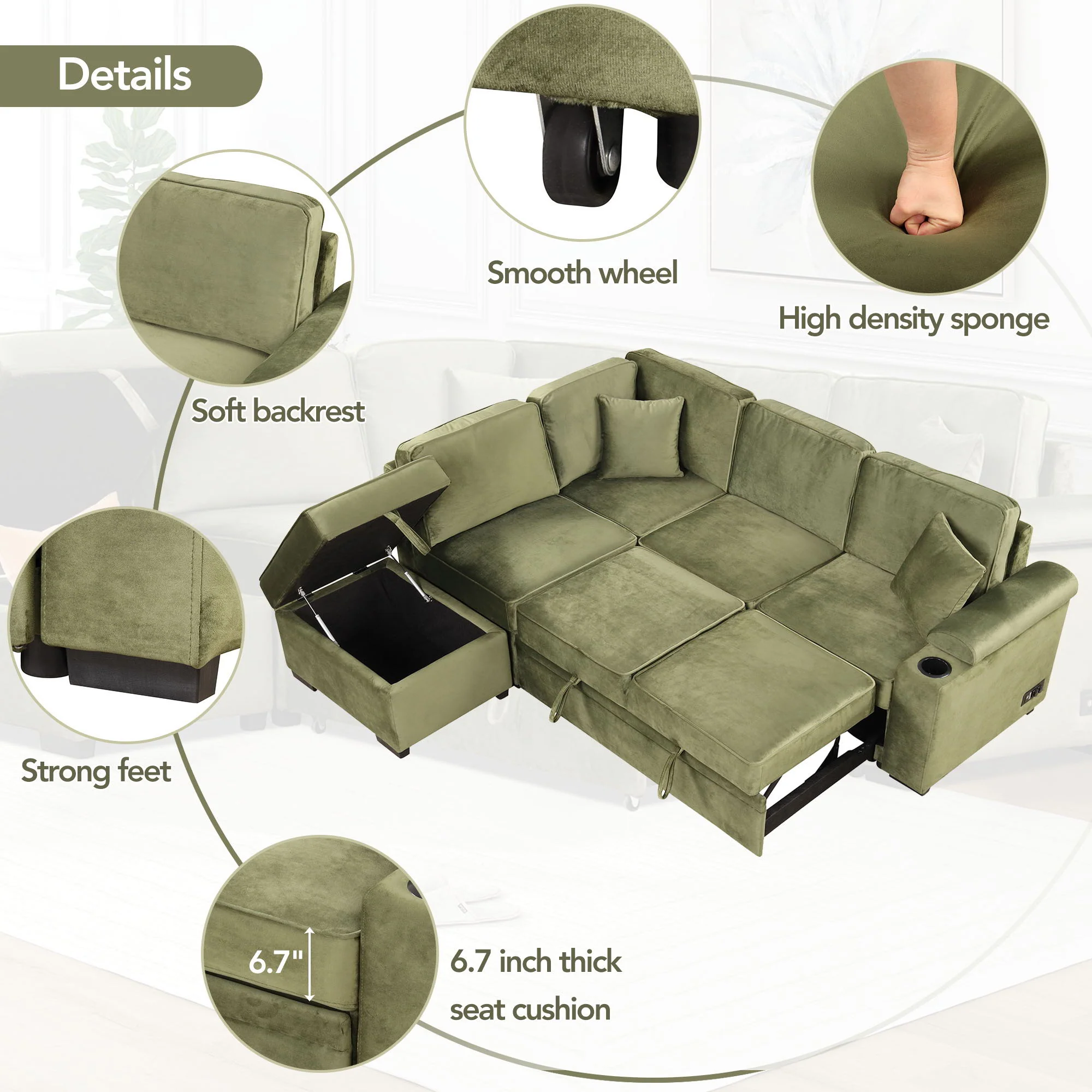Sleeper Sofa Bed, 2 In 1 Pull Out Sofa Bed L Shape Couch With Storage Ottoman For Living Room, Bedroom Couch And Small Apartment - Image 5