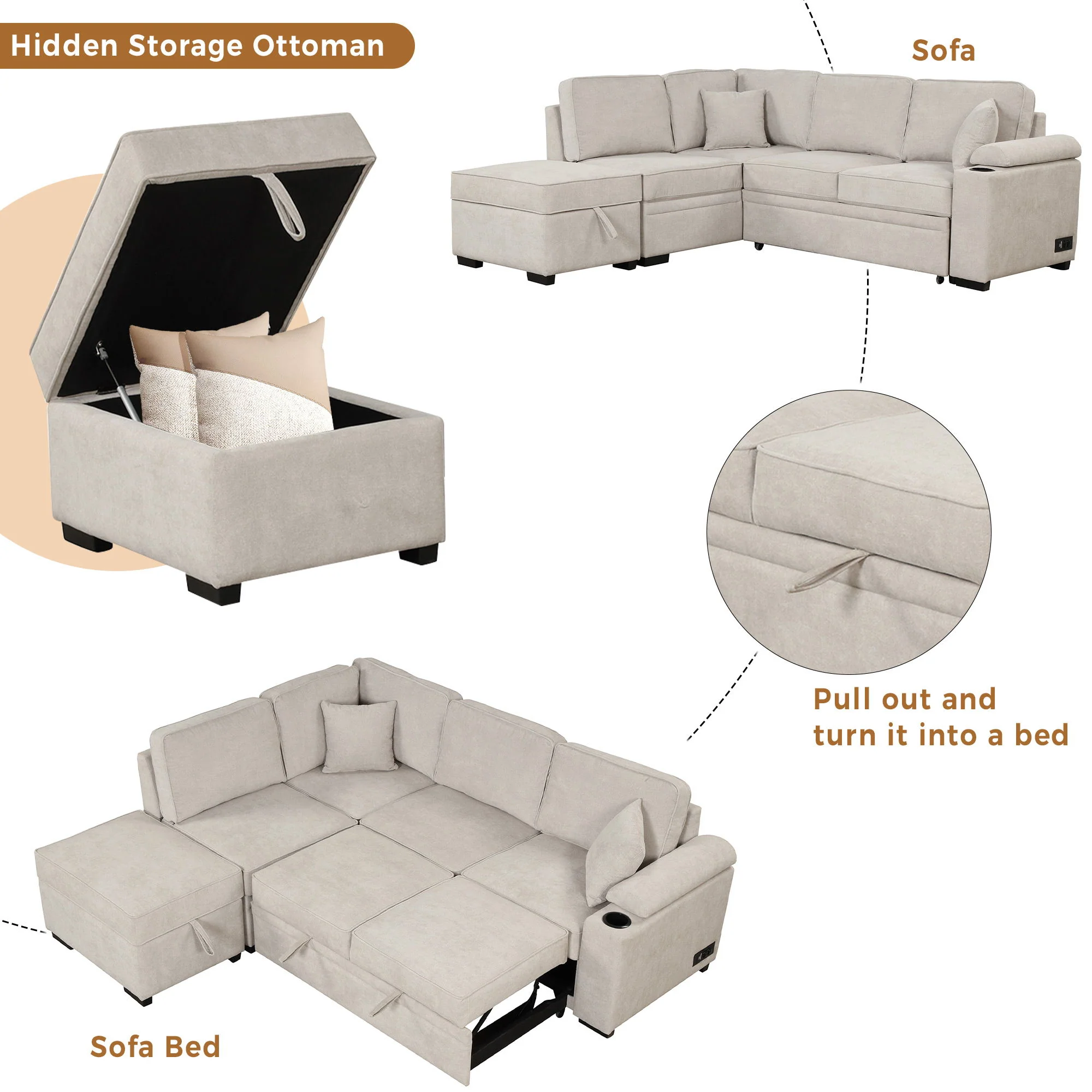 Sleeper Sofa Bed, 2 In 1 Pull Out Sofa Bed L Shape Couch With Storage Ottoman For Living Room, Bedroom Couch And Small Apartment - Image 6
