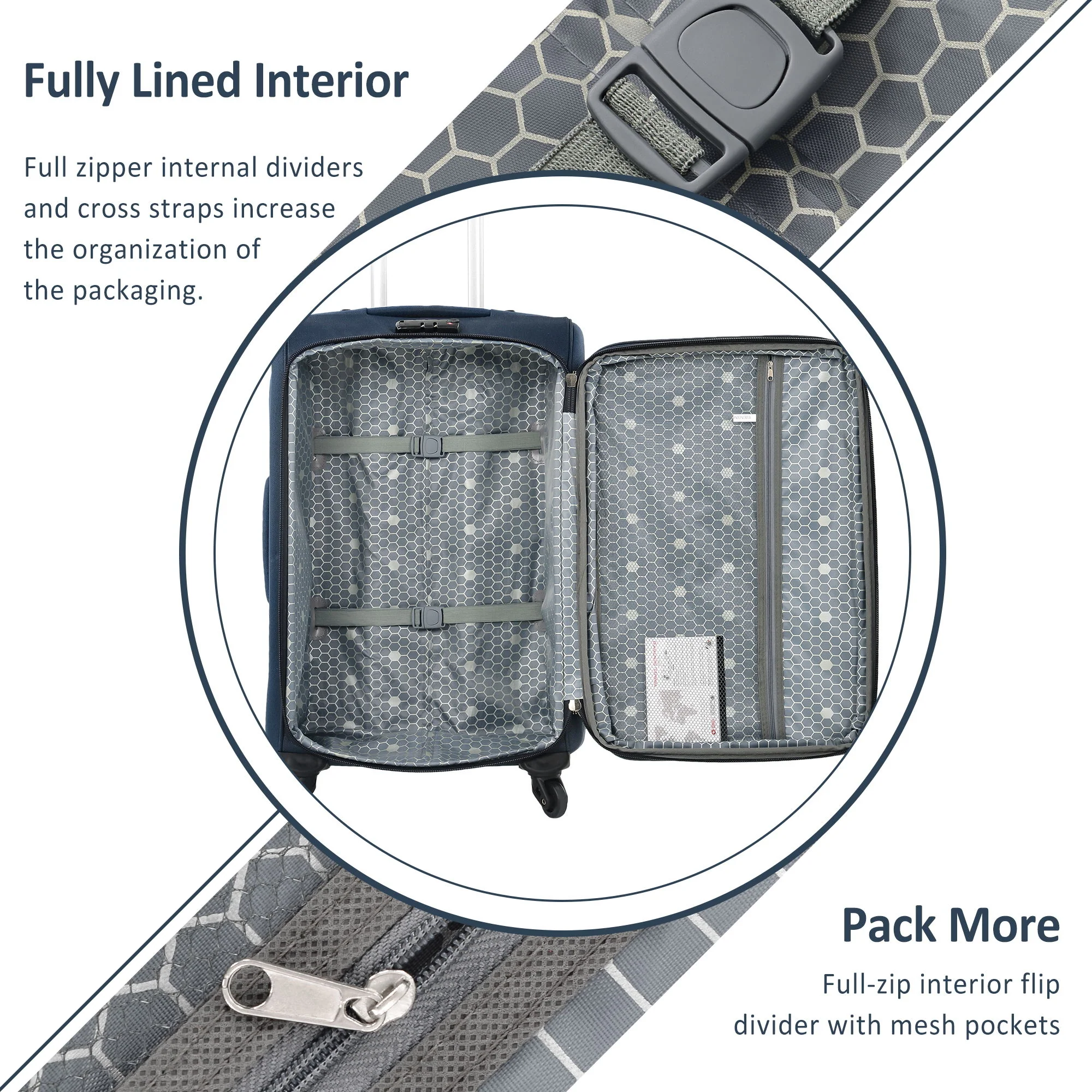 Softside Luggage Expandable 3 Piece Set Suitcase Upright Spinner Softshell Lightweight Luggage Travel Set - Dark Blue - Image 2