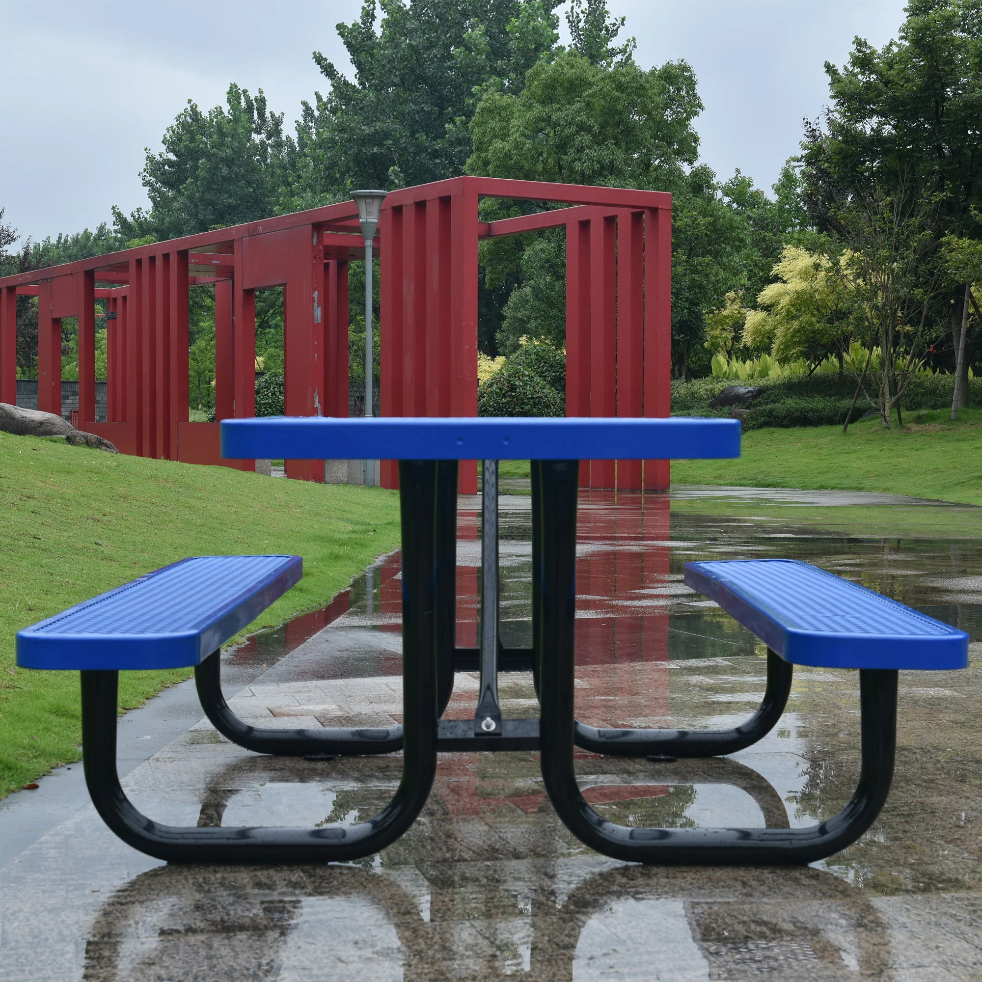 Square Outdoor Steel Picnic Table, With Umbrella Pole - Image 8