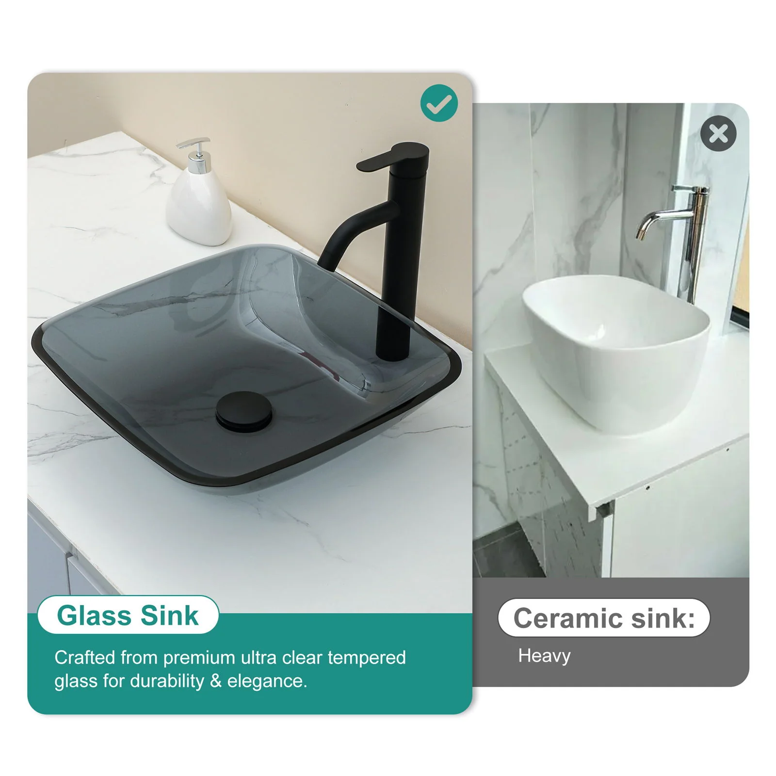 Square Vessel Sink For Bathroom, Above Counter Design With Pop Up Drain, Smooth Rounded Edges - Gray - Image 3