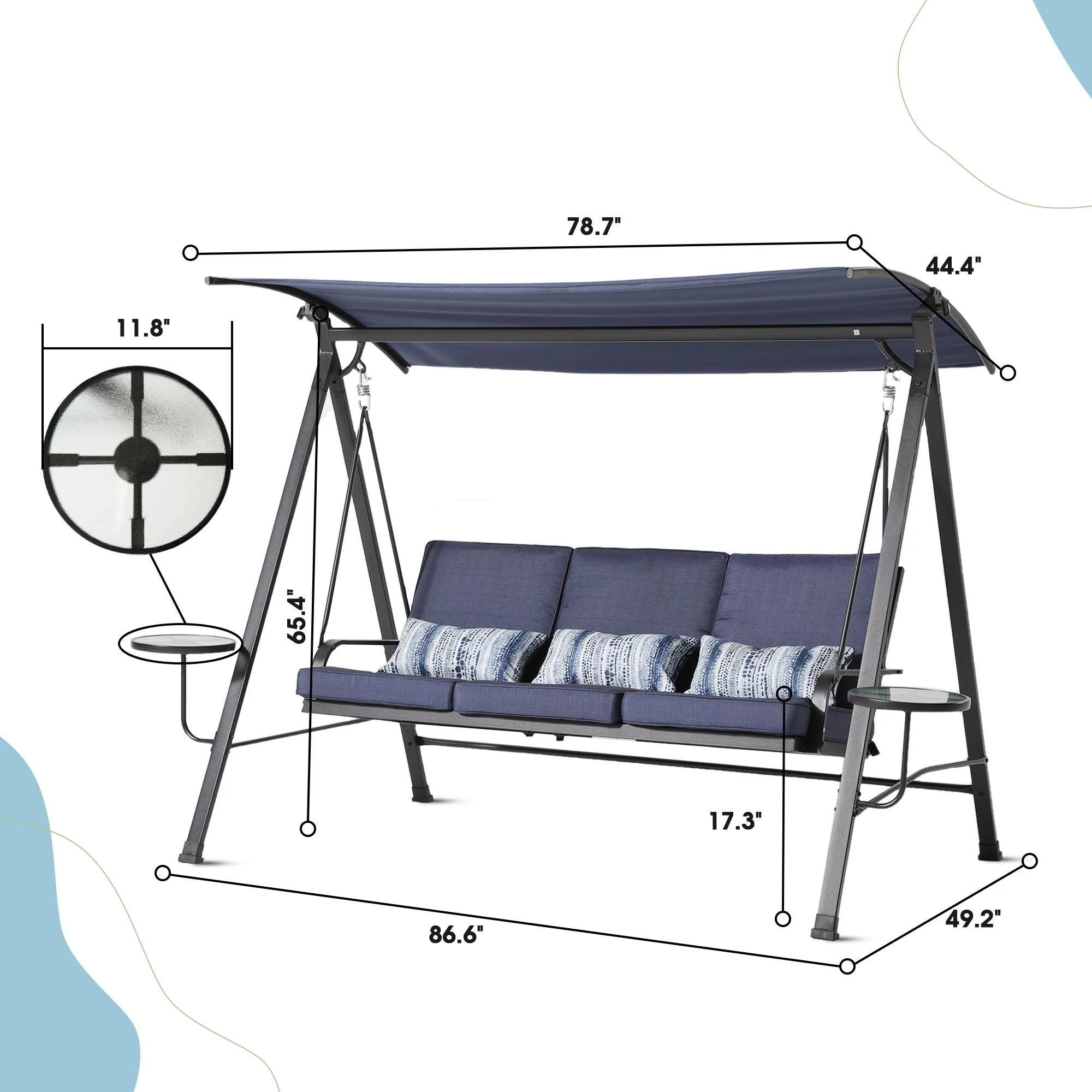 Steel 3 Seater Swing Porch Swing With Canopy - Blue - Image 4