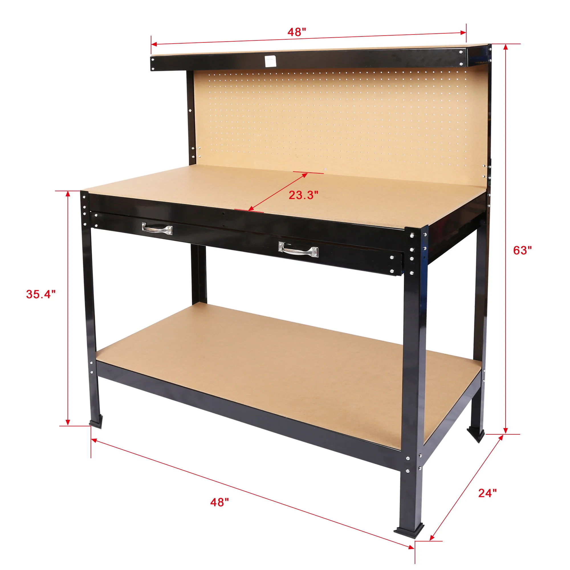 Steel Workbench Tool Storage Work Bench Workshop Tools Table With Drawer And Peg Board - Black / Light Brown - Image 4
