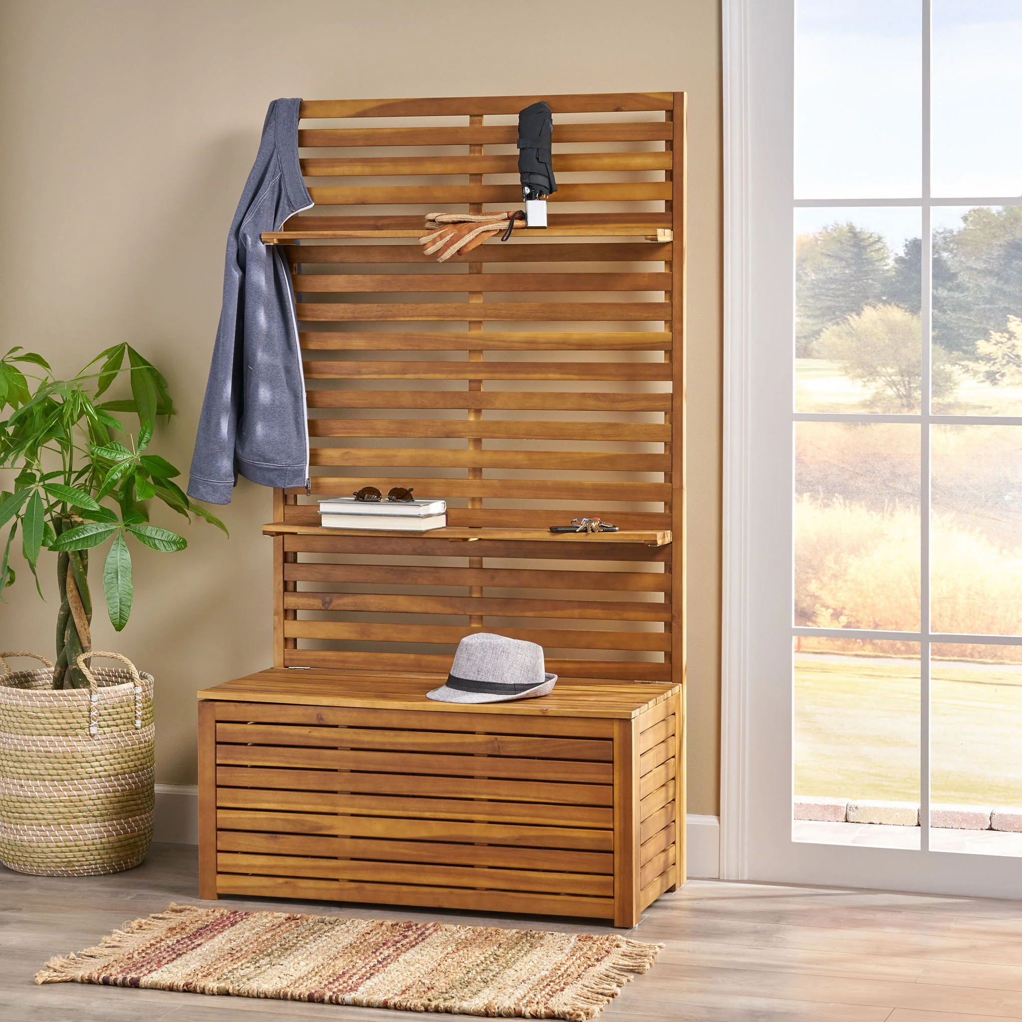 Storage Bench With Rack - Teak - Image 2