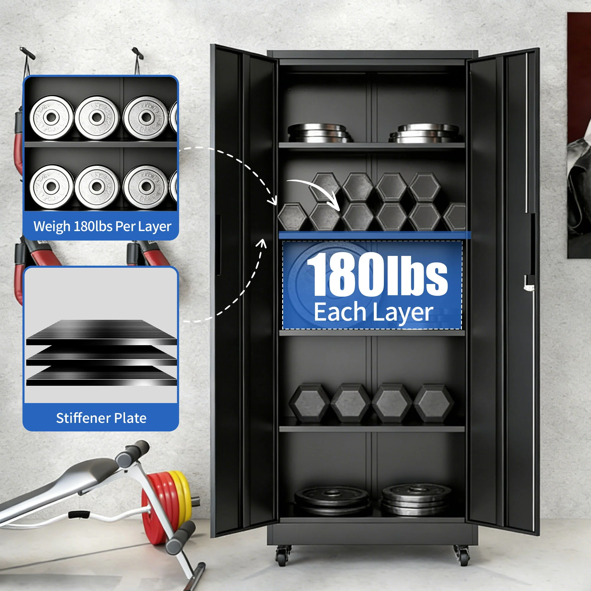 Storage Cabinet With Wheels And Lock, 4 Adjustable Shelves, 3 Point Locking Security, For Tool Organization In Garage - Black - Image 3