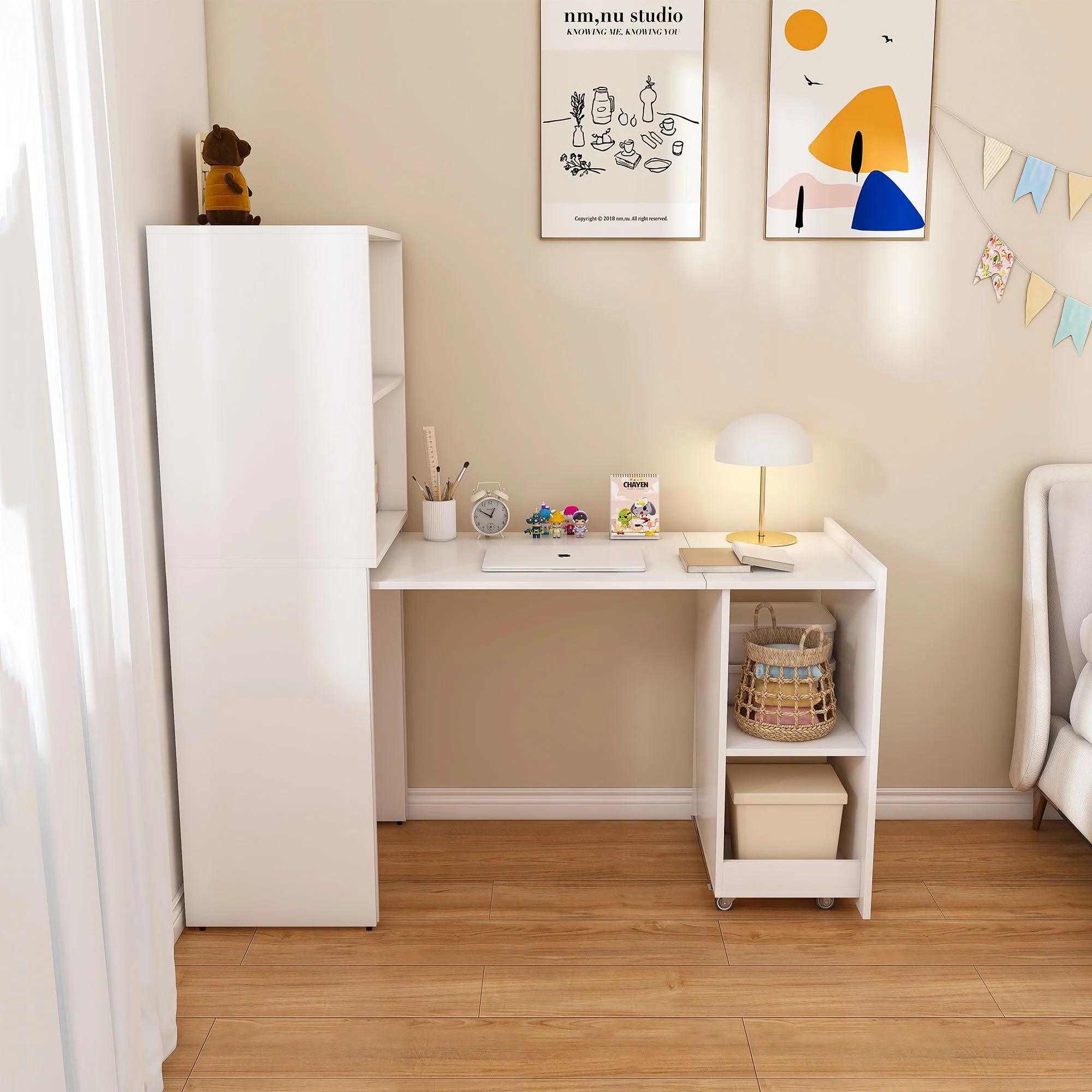 Stretchable Office Desk With Storage Shelves And Mobile Wheels - Image 8