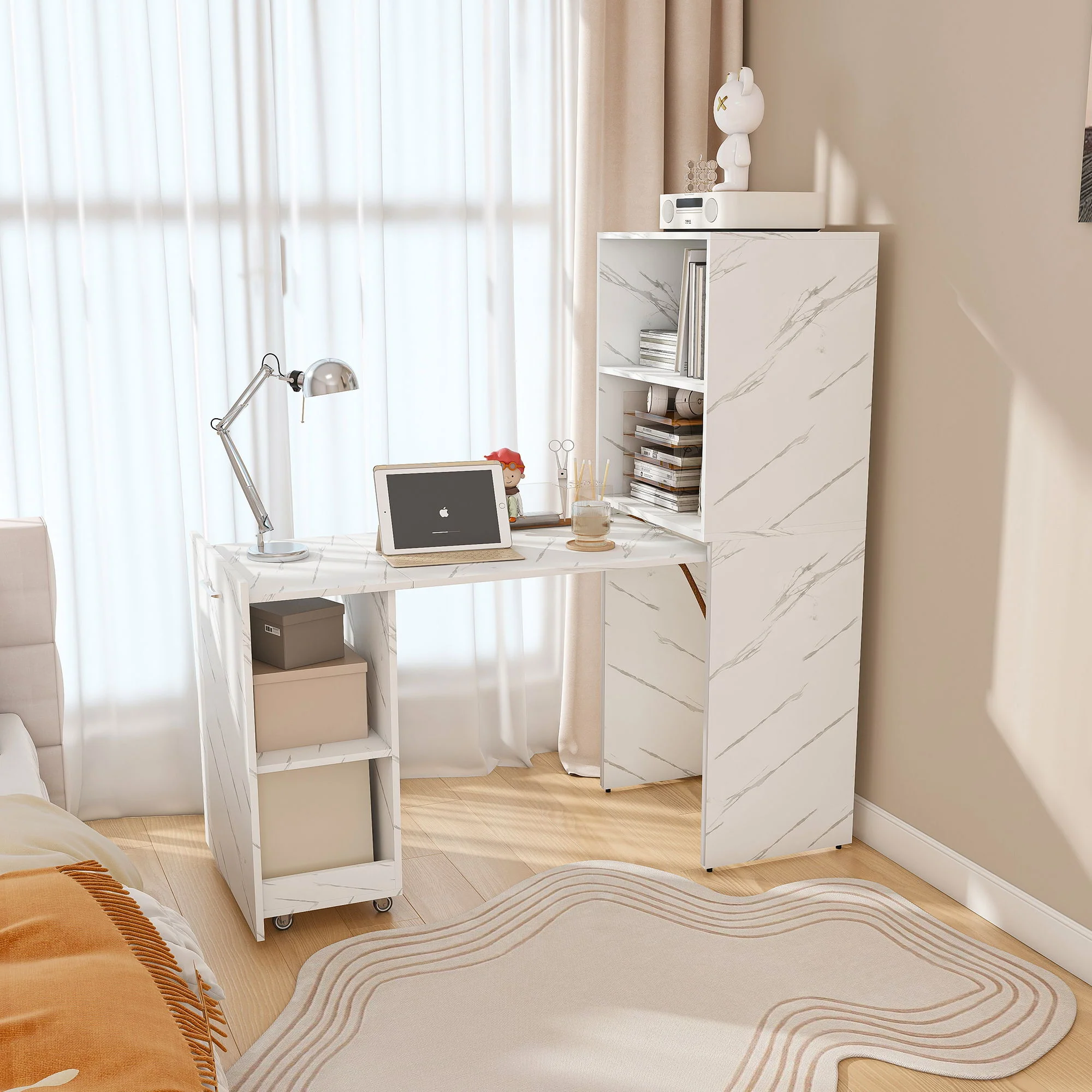 Stretchable Office Desk With Storage Shelves And Mobile Wheels, Foldable Design For Small Apartments - White Marble - Image 2