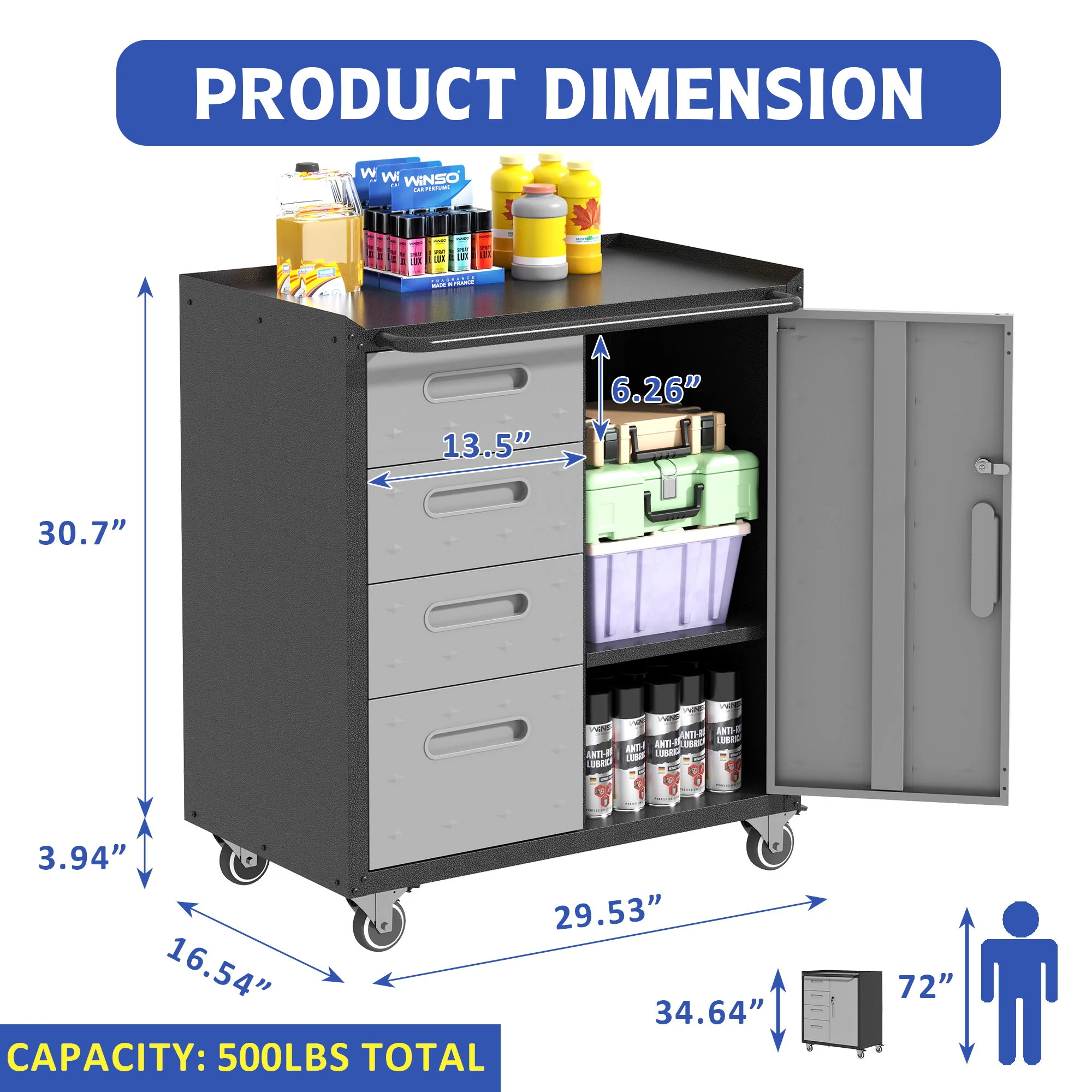 Sturdy Metal Tool Storage Cabinet With Wheels Durable Garage, Office & Home Organizer Steel - Image 3
