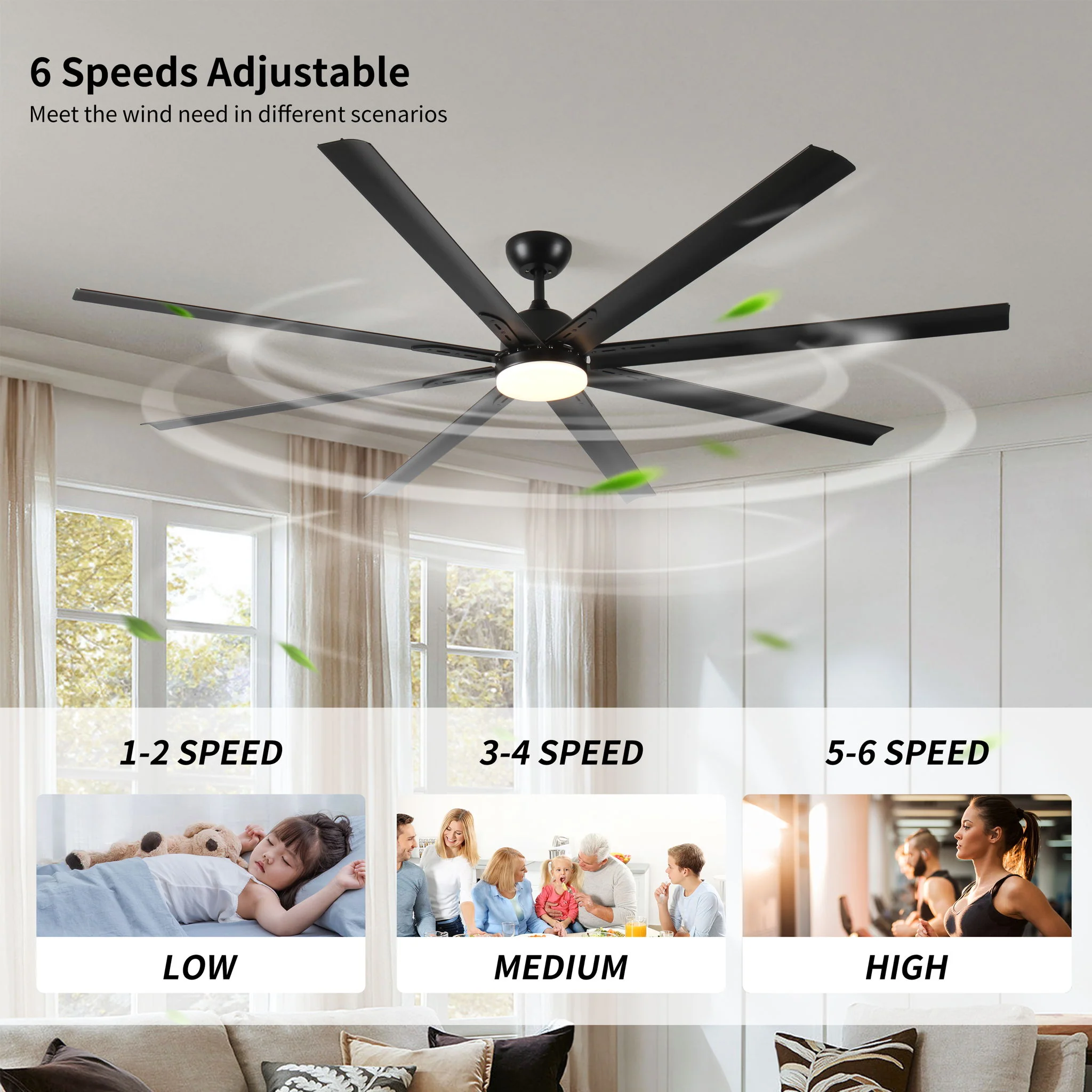 Super Large Black Ceiling Fan With Remote Control - Black - Image 3