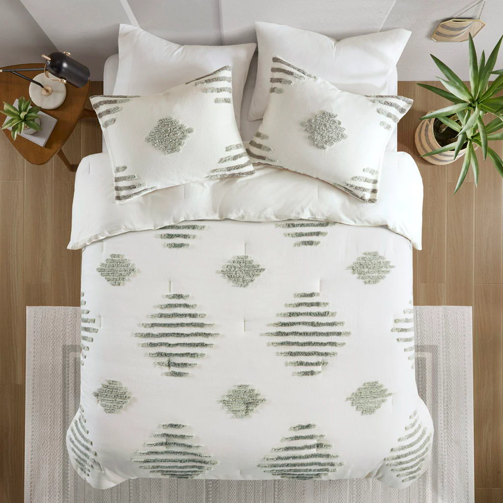 Tahli - 3 Piece Cotton Blend Chenille Comforter Set - Green - Image 3