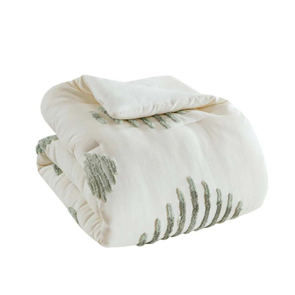 Tahli - 3 Piece Cotton Blend Chenille Comforter Set - Green / Ivory - Image 2
