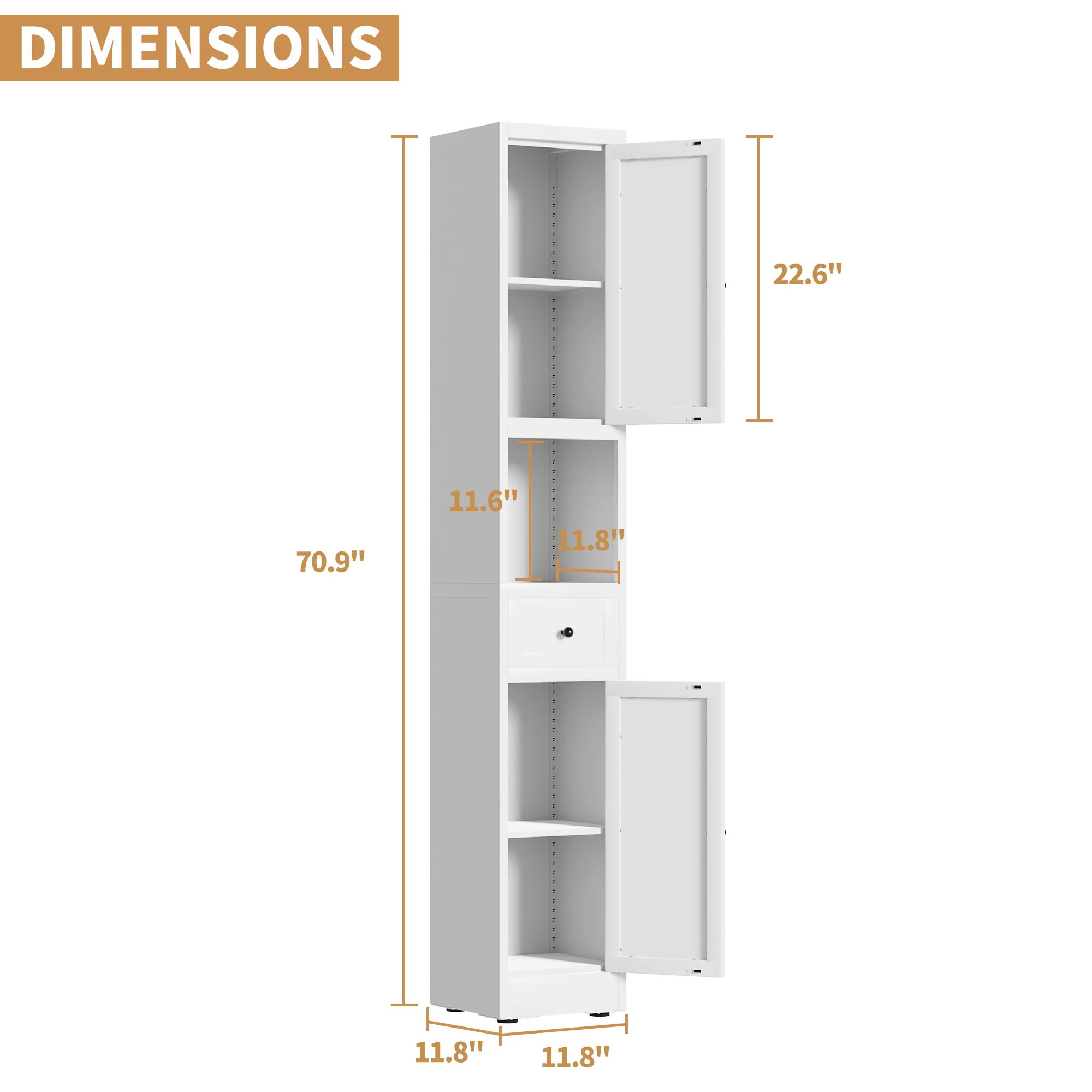 Tall Bathroom Storage Cabinet, 5-Tier Narrow With 2 Doors & Adjustable Shelves, Freestanding - White - Image 2