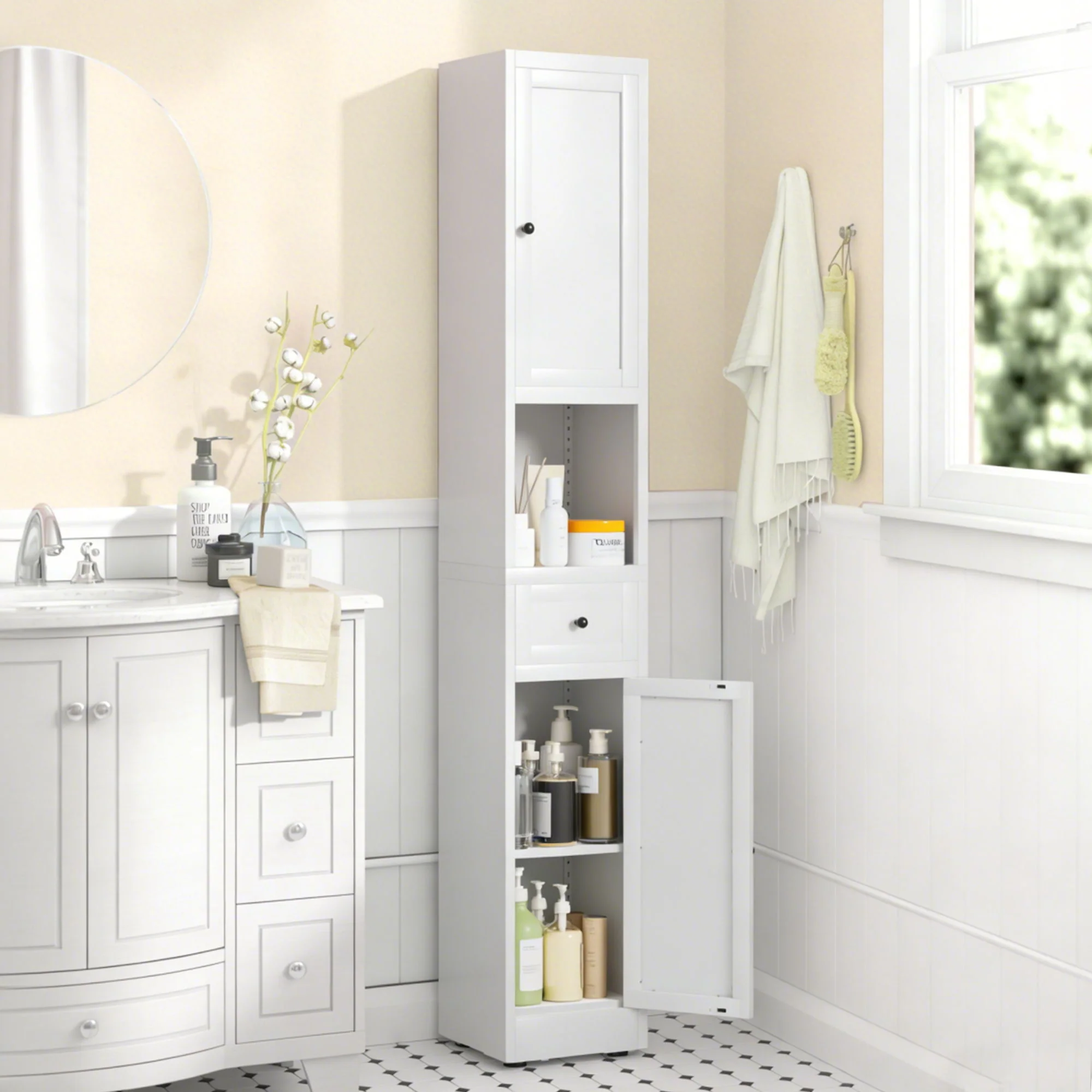 Tall Bathroom Storage Cabinet, 5-Tier Narrow With 2 Doors & Adjustable Shelves, Freestanding - White - Image 4