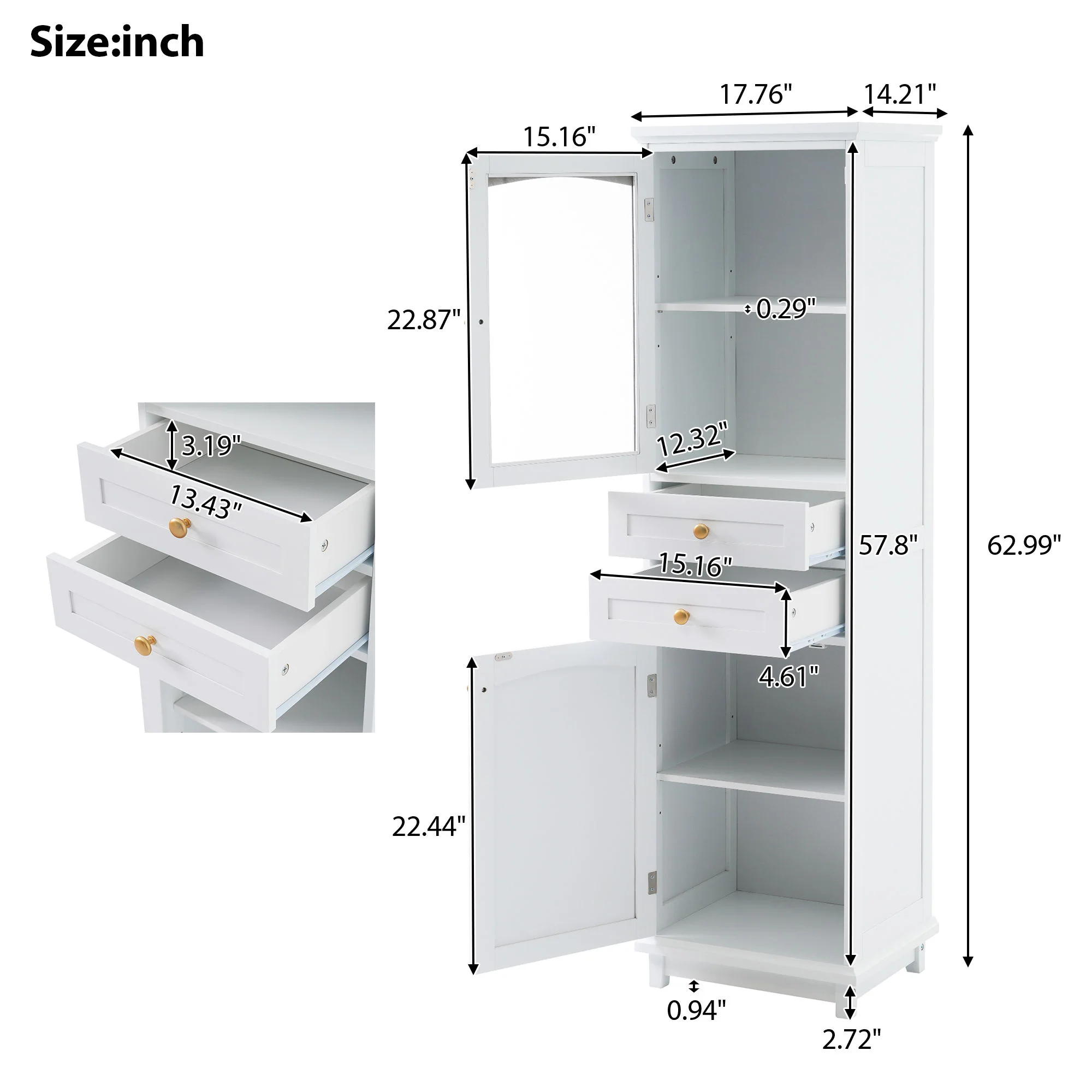 Tall Bathroom Storage Cabinet With Glass Doors, Free-Standing, Two Drawers, And Adjustable Shelves, Board, Painted Perfect For Displaying Your Favorite Items - Image 3