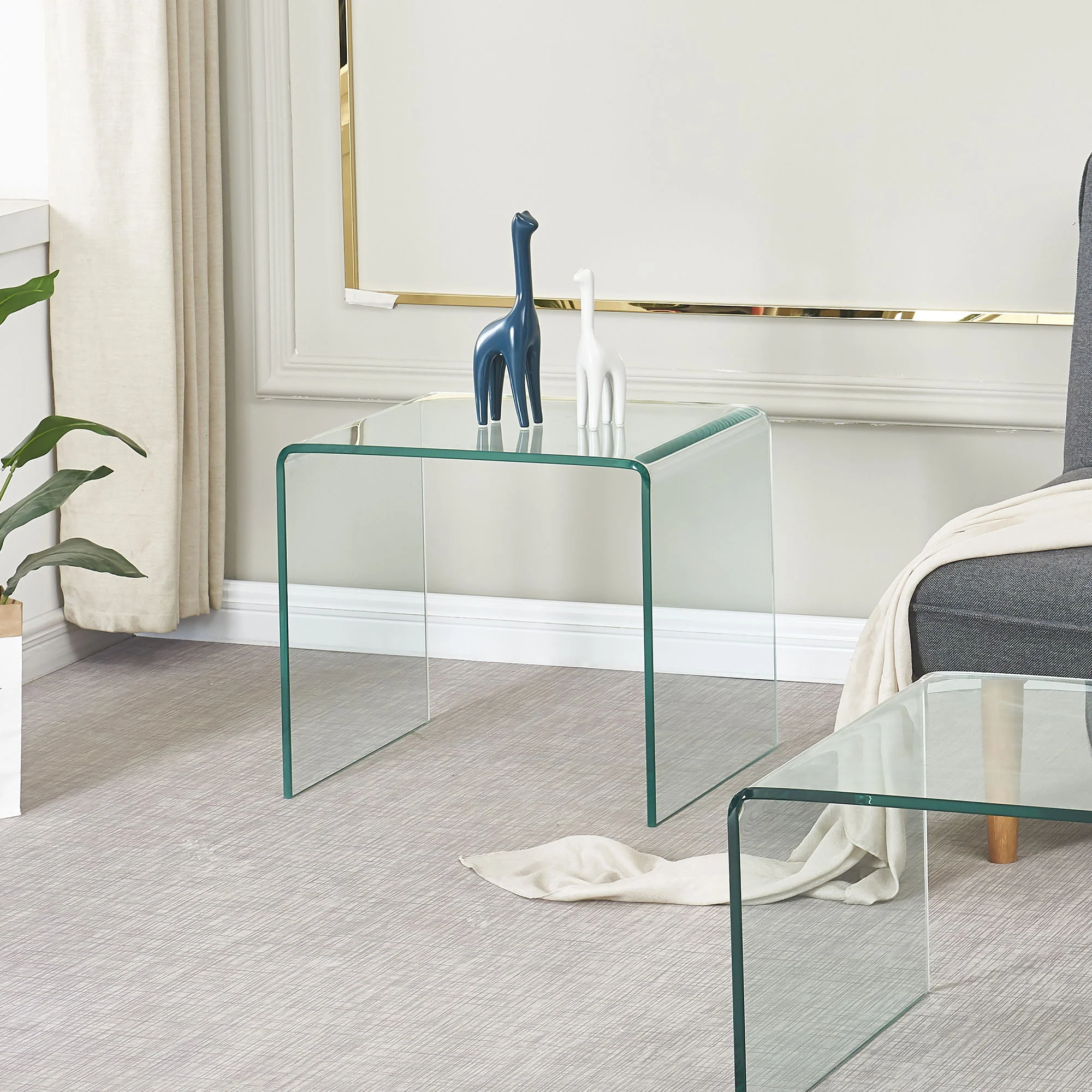 Tempered Bent Glass Sidetable, Transparent End Table, Sofa Table, Premium Glass, Multi Purpose Design - Transparent - Image 3