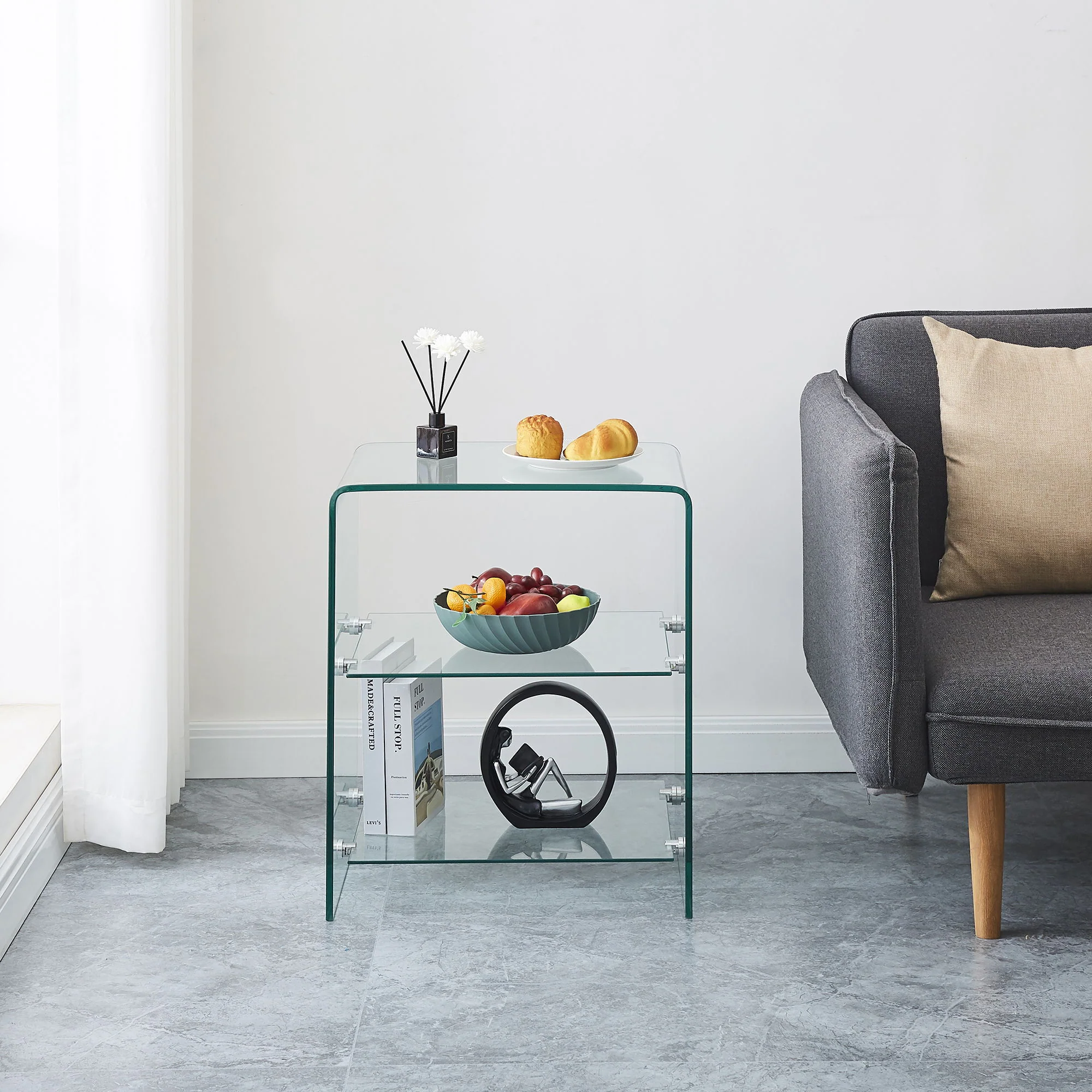 Tempered Clear Bent Glass Side Table Sofa Table, Multi Purpose Use, Premium Tempered Glass - Transparent - Image 3
