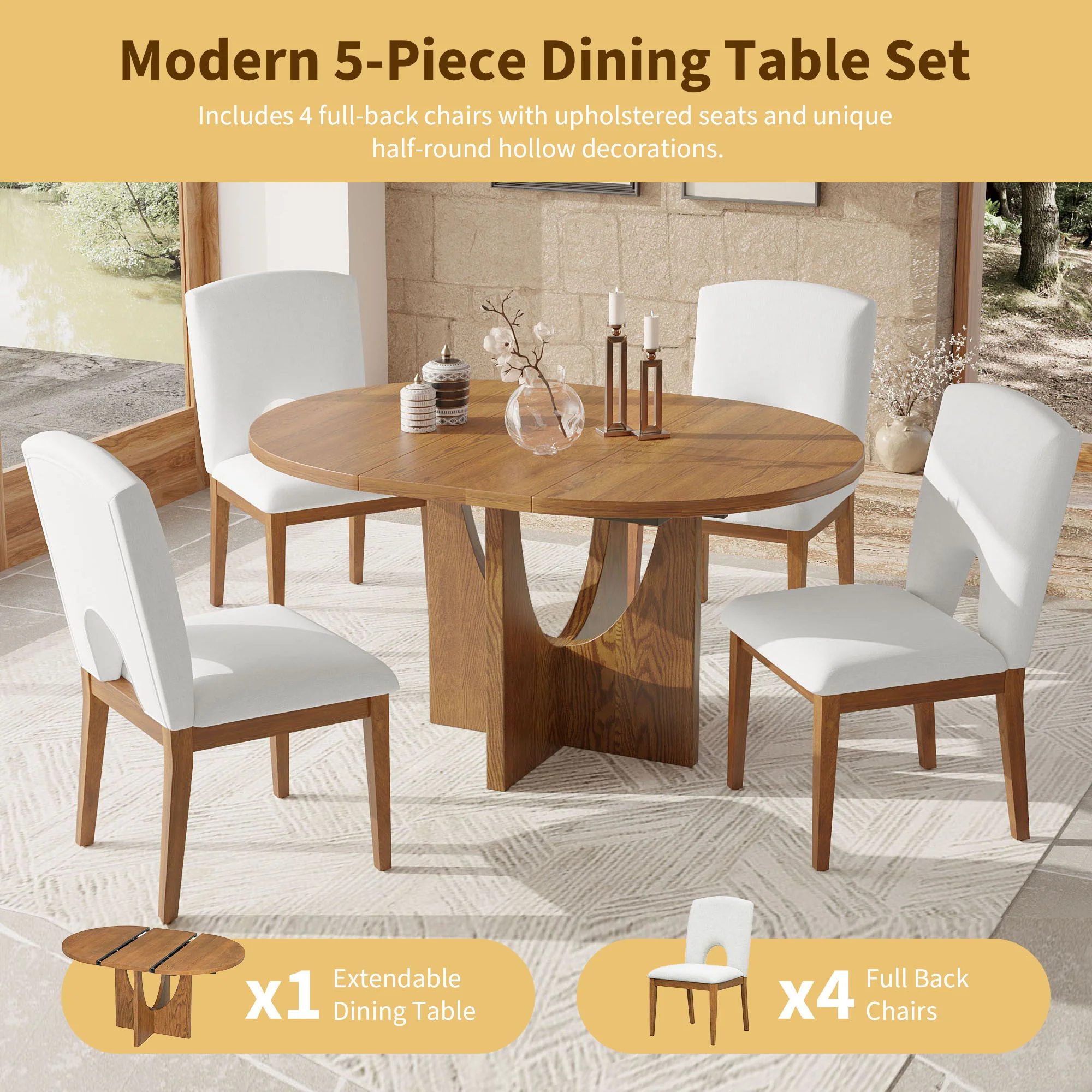 Topmax - 5 Piece Modern Extendable Round Dining Table Set With Removable Leaf For Small Places - Image 3