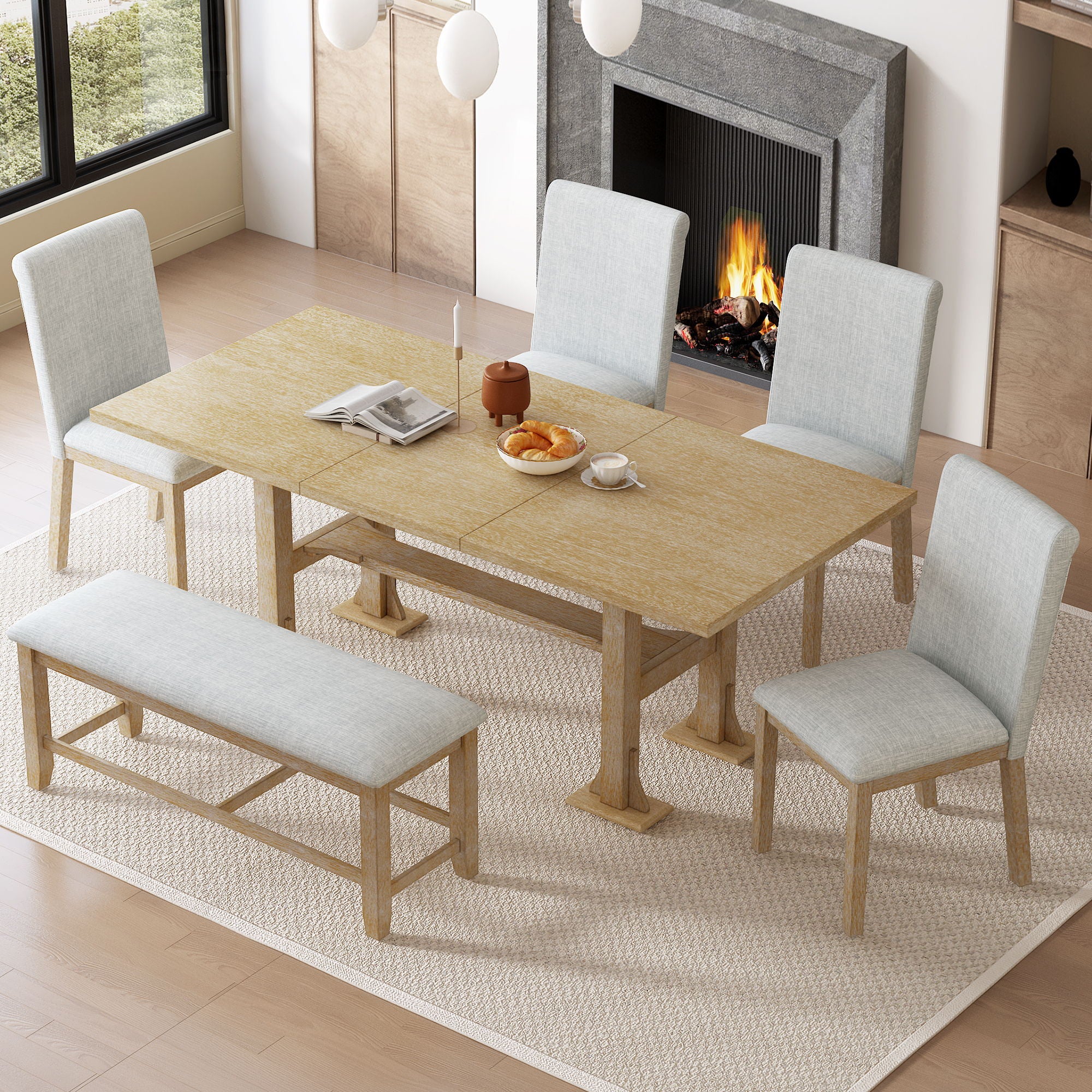 Topmax - 6 Piece Farmhouse Extendable Dining Table Set Trestle Kitchen Table Set With Removable Leaf And Upholstered Dining Chair And Bench For Dining Room - Image 3