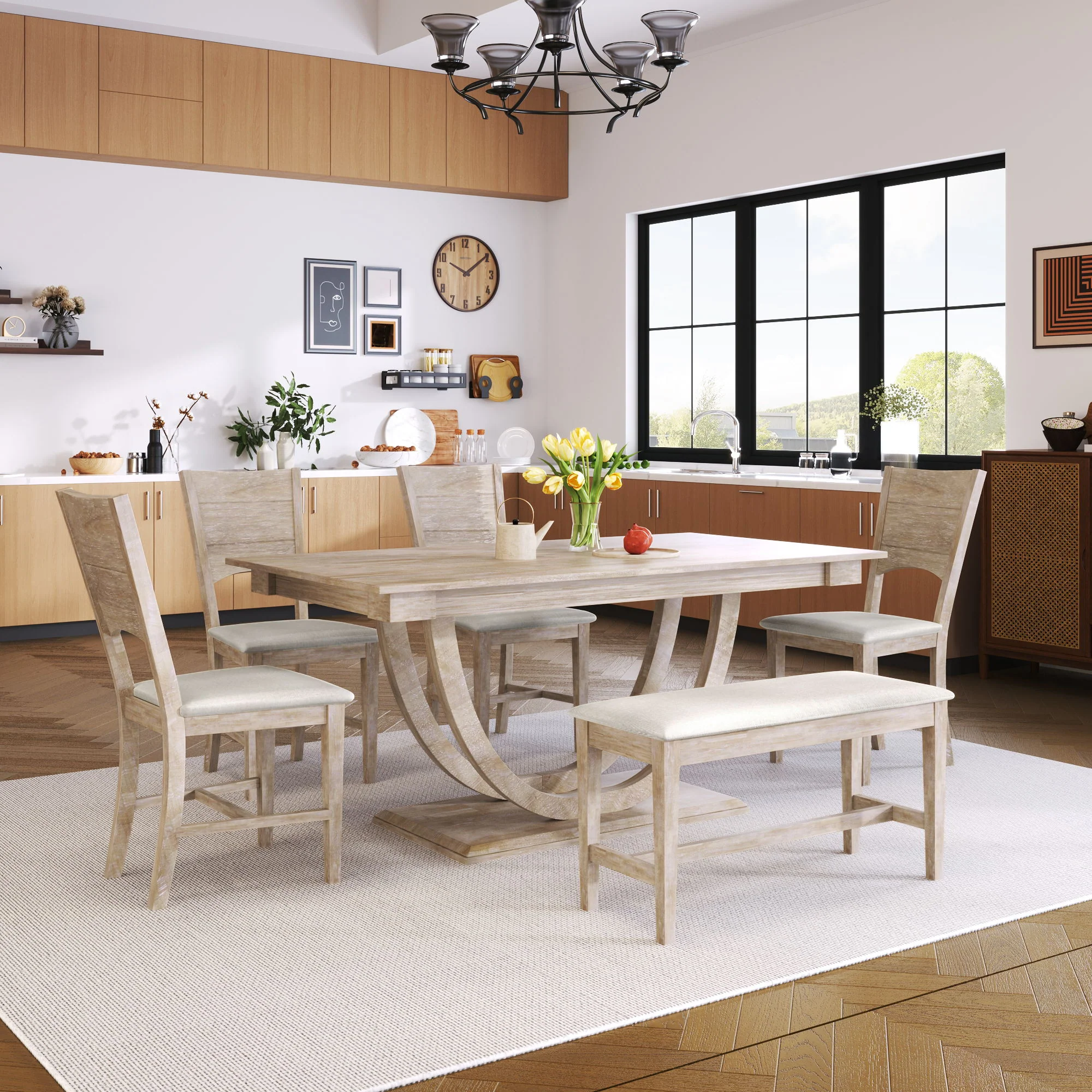 Topmax - 6 Piece Wood Half Round Dining Table Set Kitchen Table Set With Long Bench And 4 Dining Chairs, Modern Style - Image 5