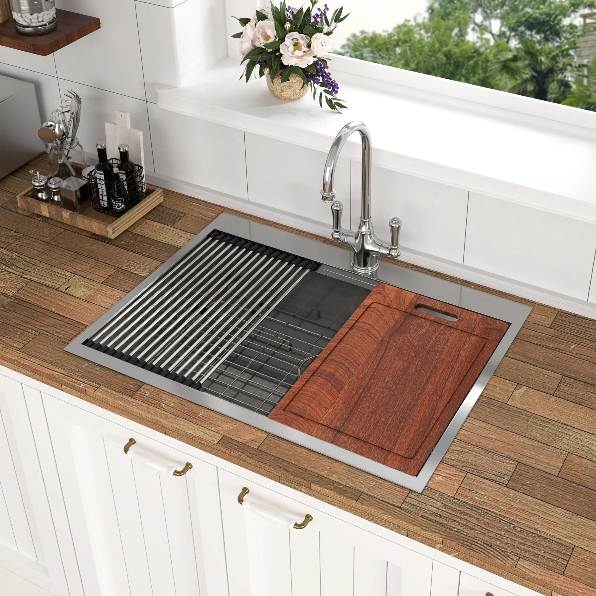 Topmount Stainless Steel Kitchen Sink With Workstation Ledge And Accessories - Image 3