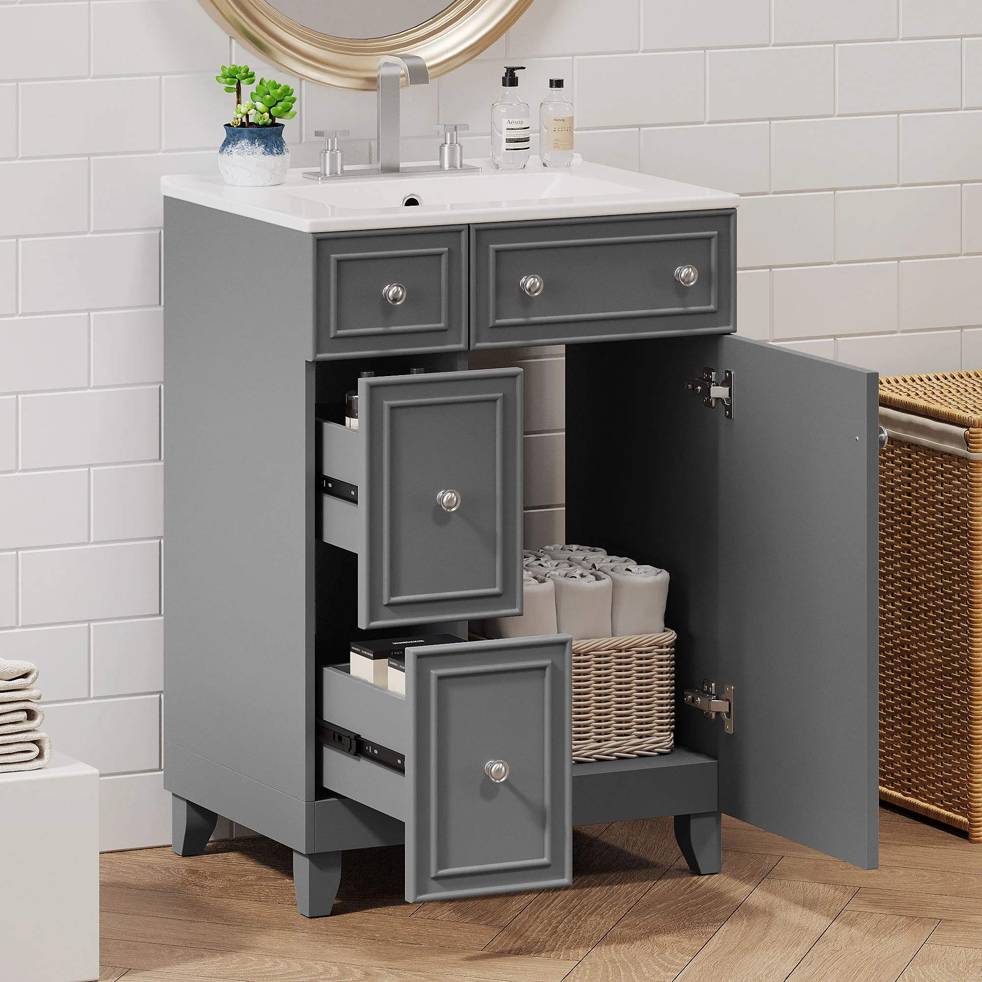Transitional Style Bathroom Vanity Cabinet With Ceramic Sink - Image 15