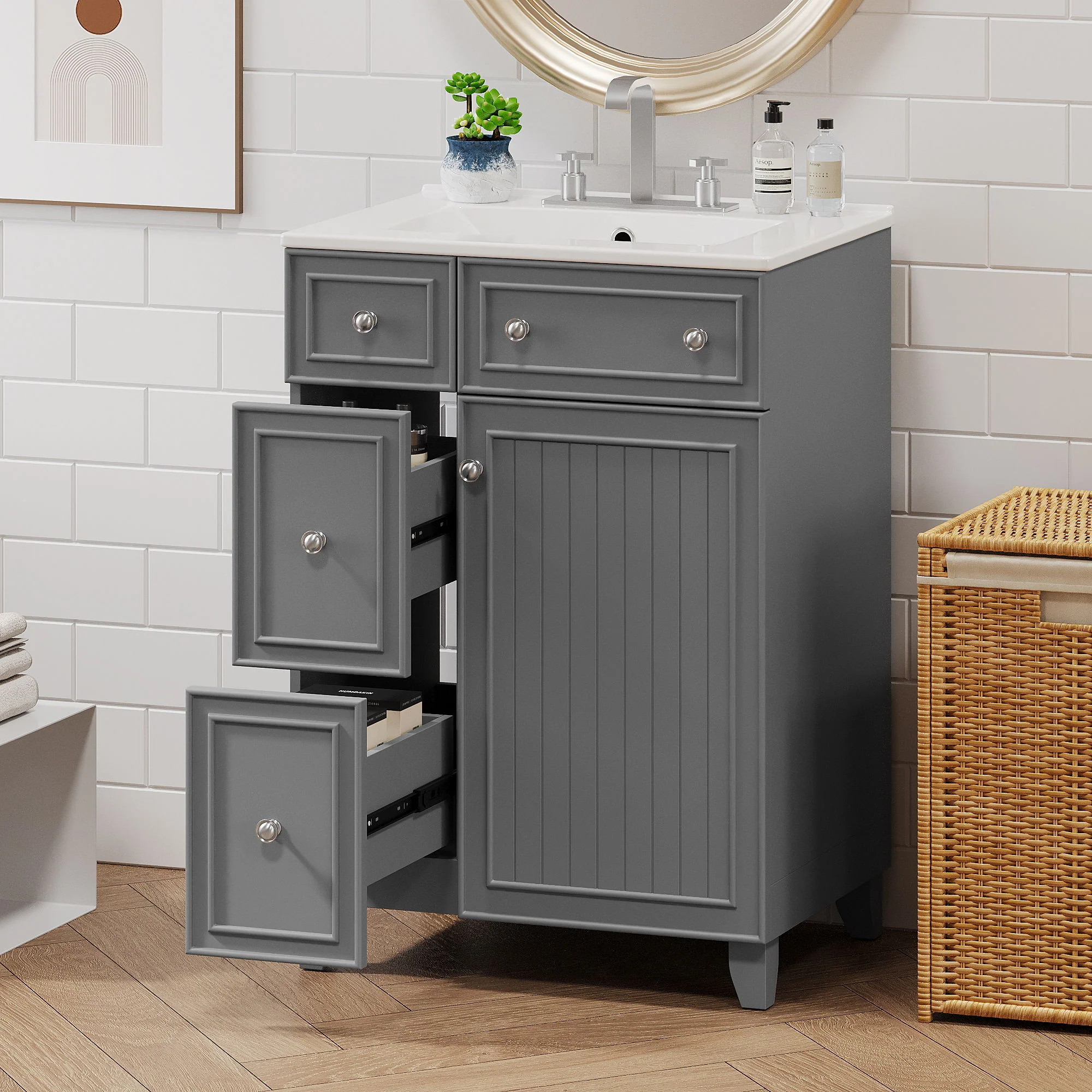 Transitional Style Bathroom Vanity Cabinet With Ceramic Sink - Image 17