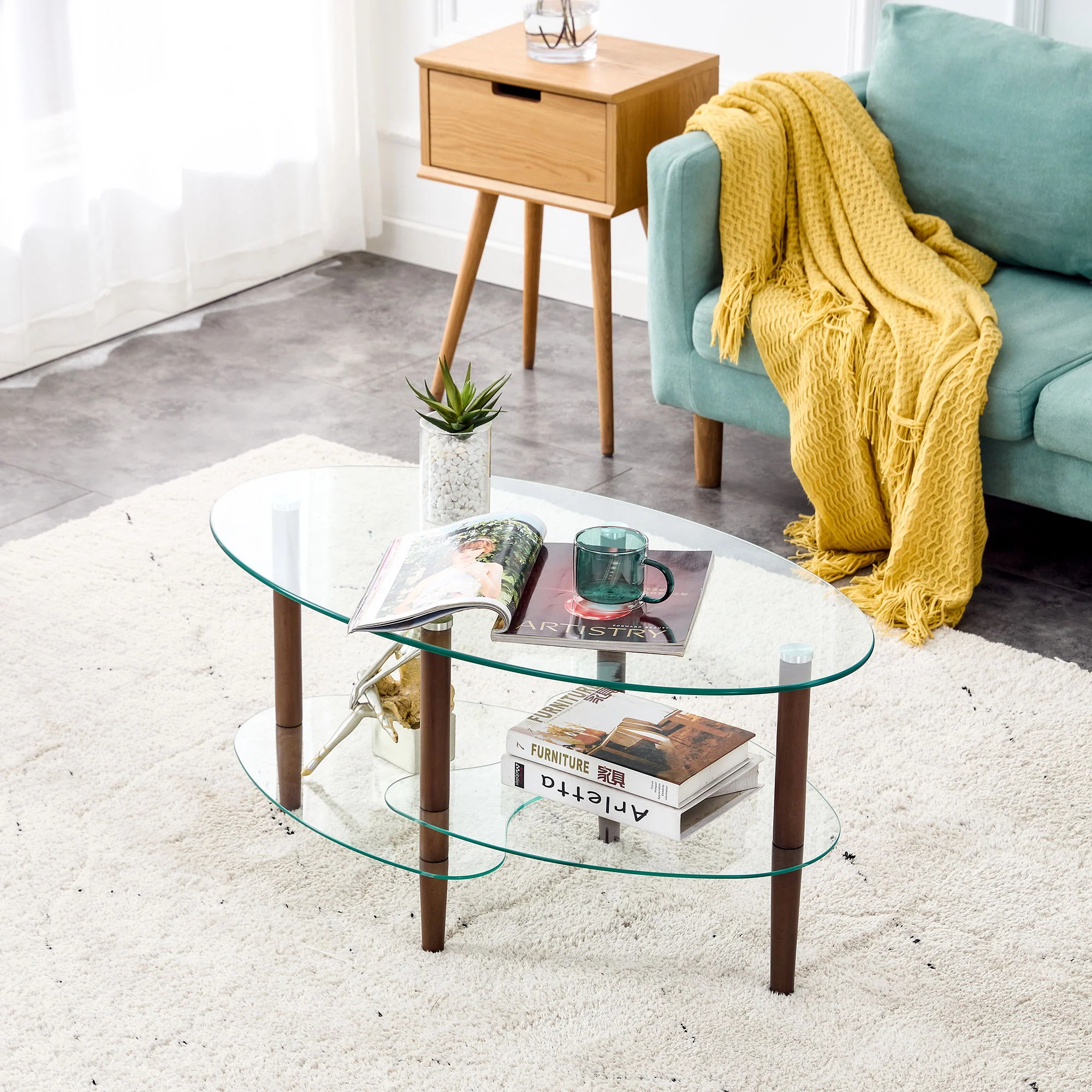 Transparent Oval Glass Coffee Table, Modern Table In Living Room Oak Wood Leg Tea Table 3-Layer Glass Table - Image 5