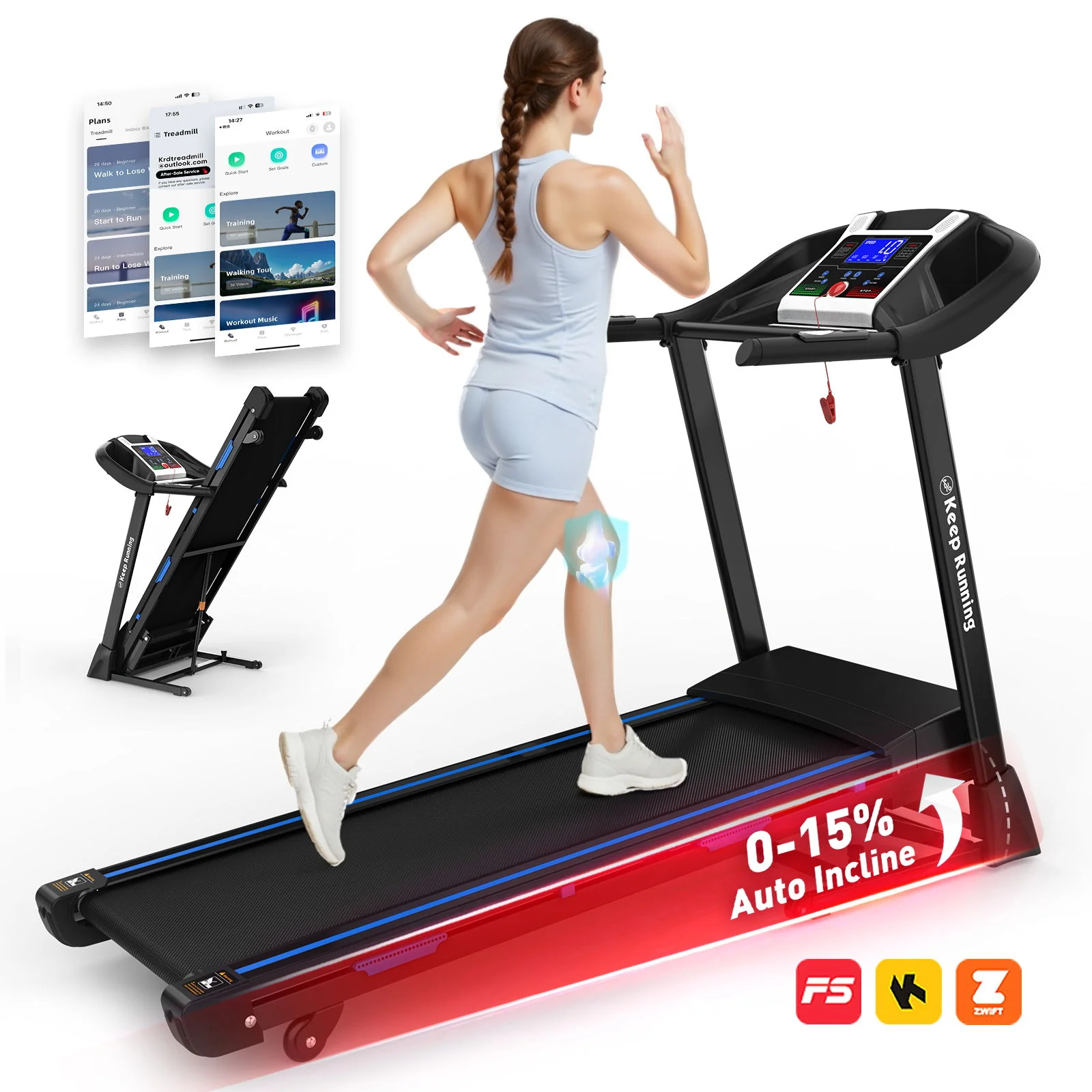 Treadmills For Home, Electric Treadmill With Automatic Incline, Foldable 3.5Hp Workout Running Machine Walking, Double Running Board Shock Absorption Pulse Sensor Bluetooth Speaker App Fitshow - Black - Image 4