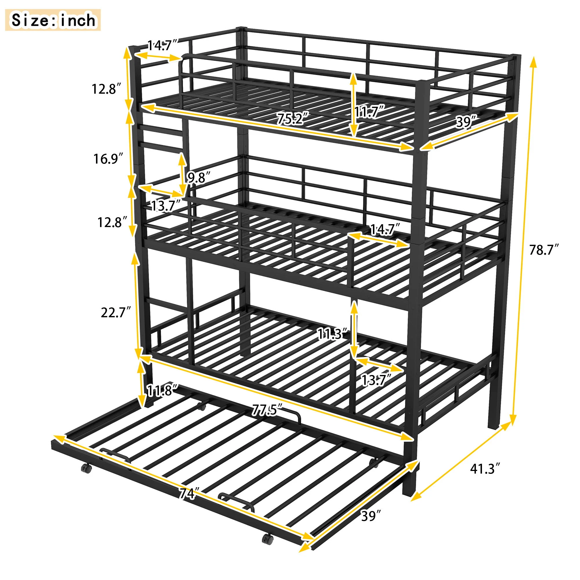Triple Bunk Bed With Trundle, Heavy Duty Steel Construction - Image 4