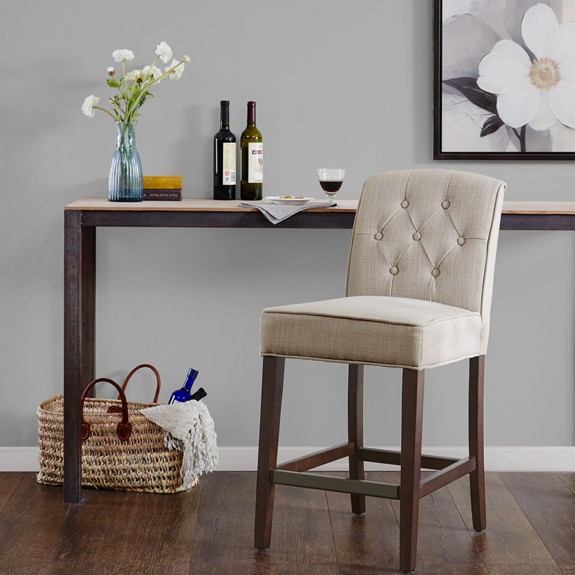 Tufted Counter Stool With Button Tufted Back - Tan - Image 4