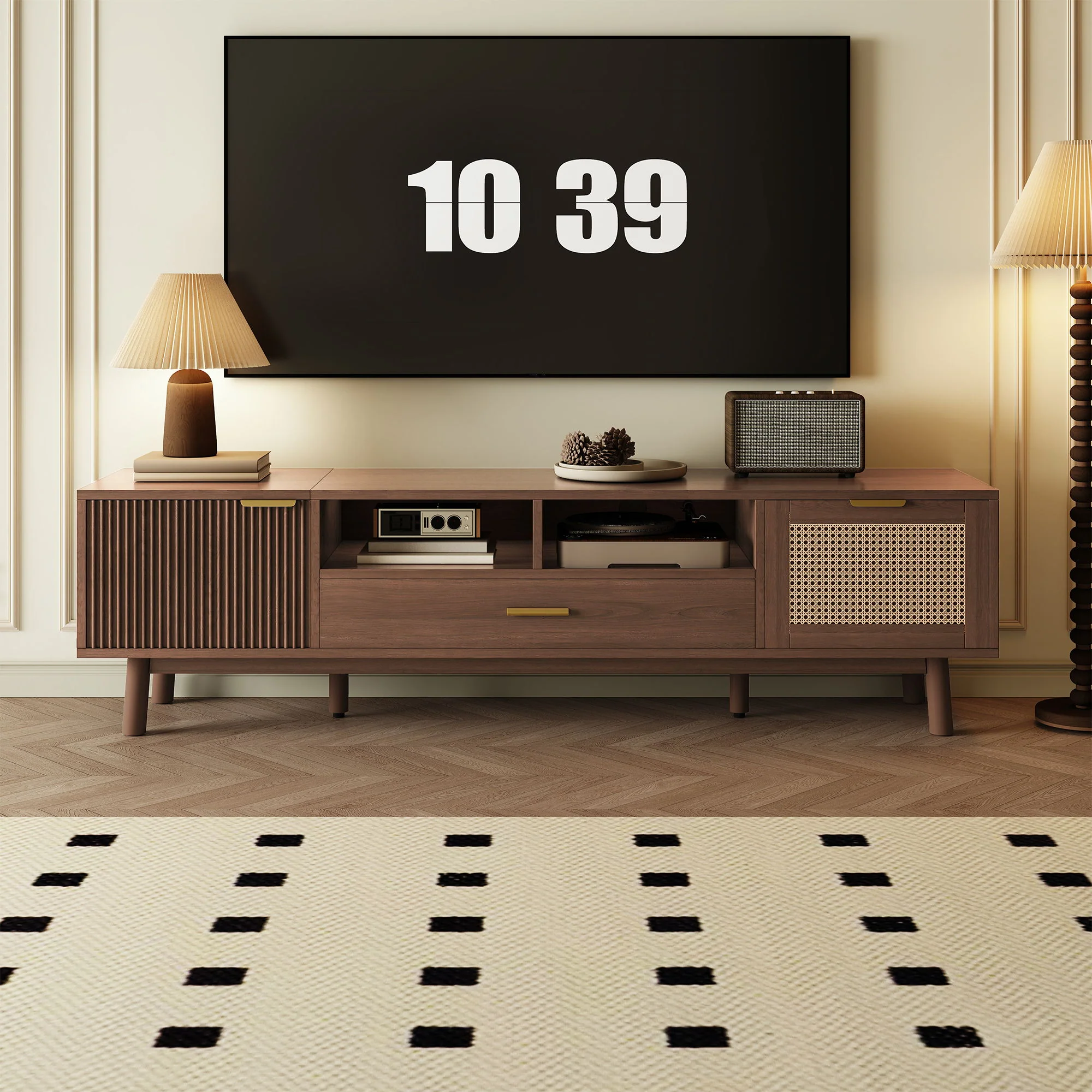 TV Stand For 75" TVs With Soft Closing Doors, Console With Accents And Drop Down Cabinet - Dark Brown - Image 3