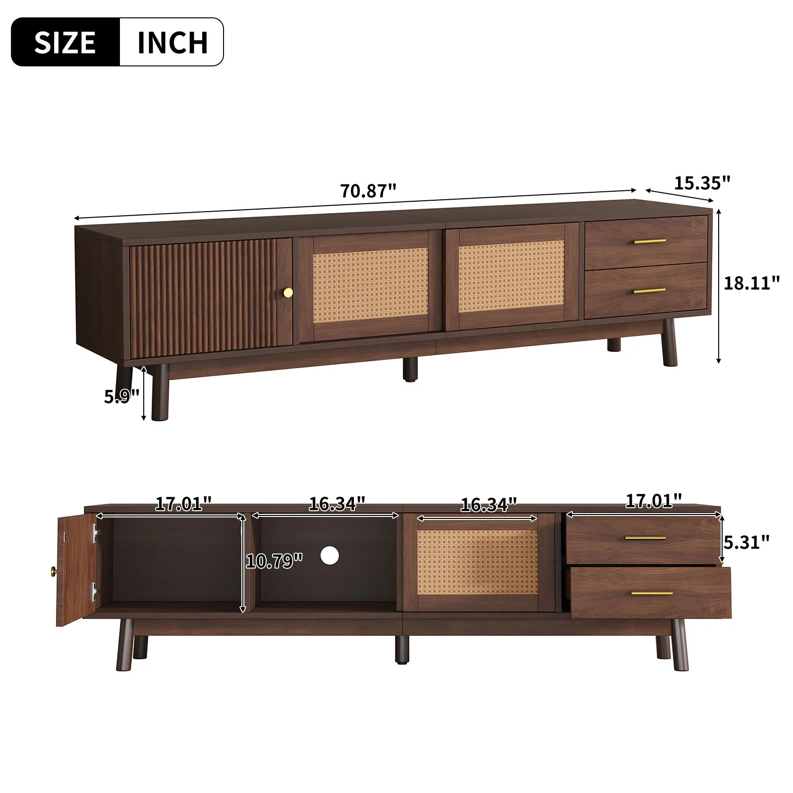 TV Stand For 80" TVs With Sliding Doors And Drawers, Accent Storage Unit - Dark Brown - Image 2