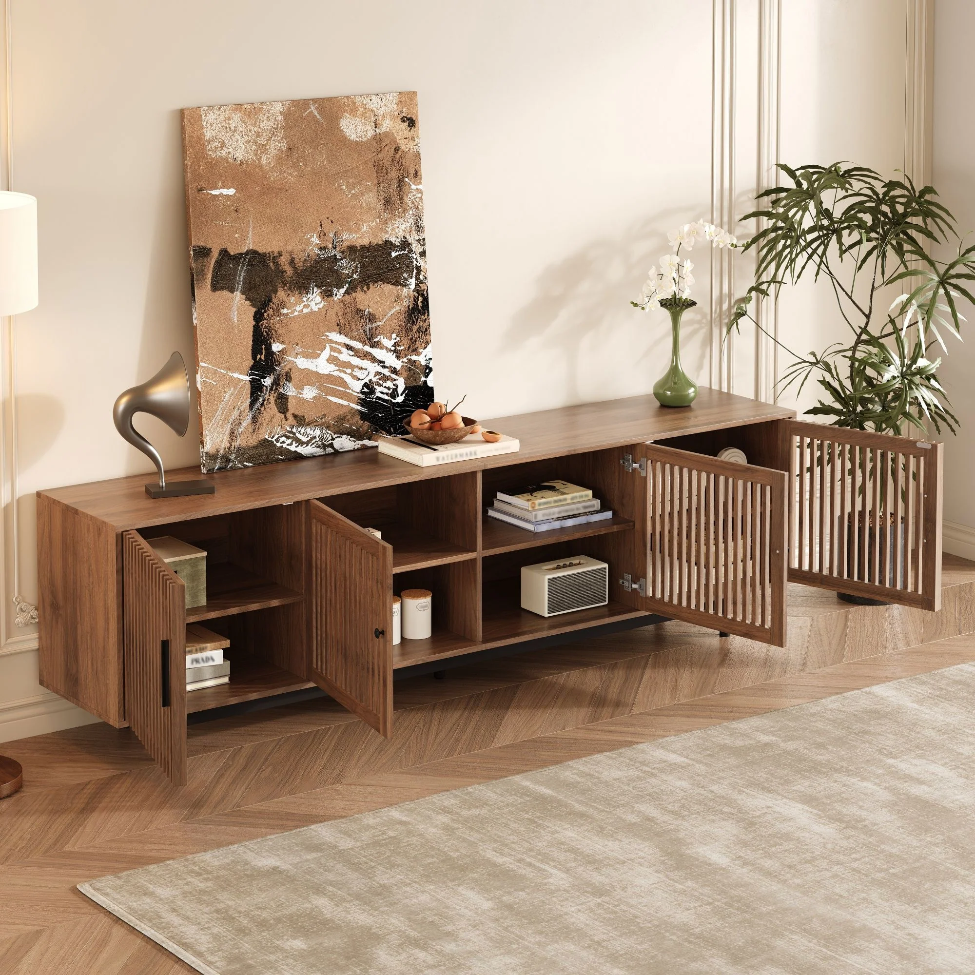 TV Stand For TVs, Entertainment Center With Closed Storage & Cable Management, Soft Closing Hinges - Walnut - Image 2