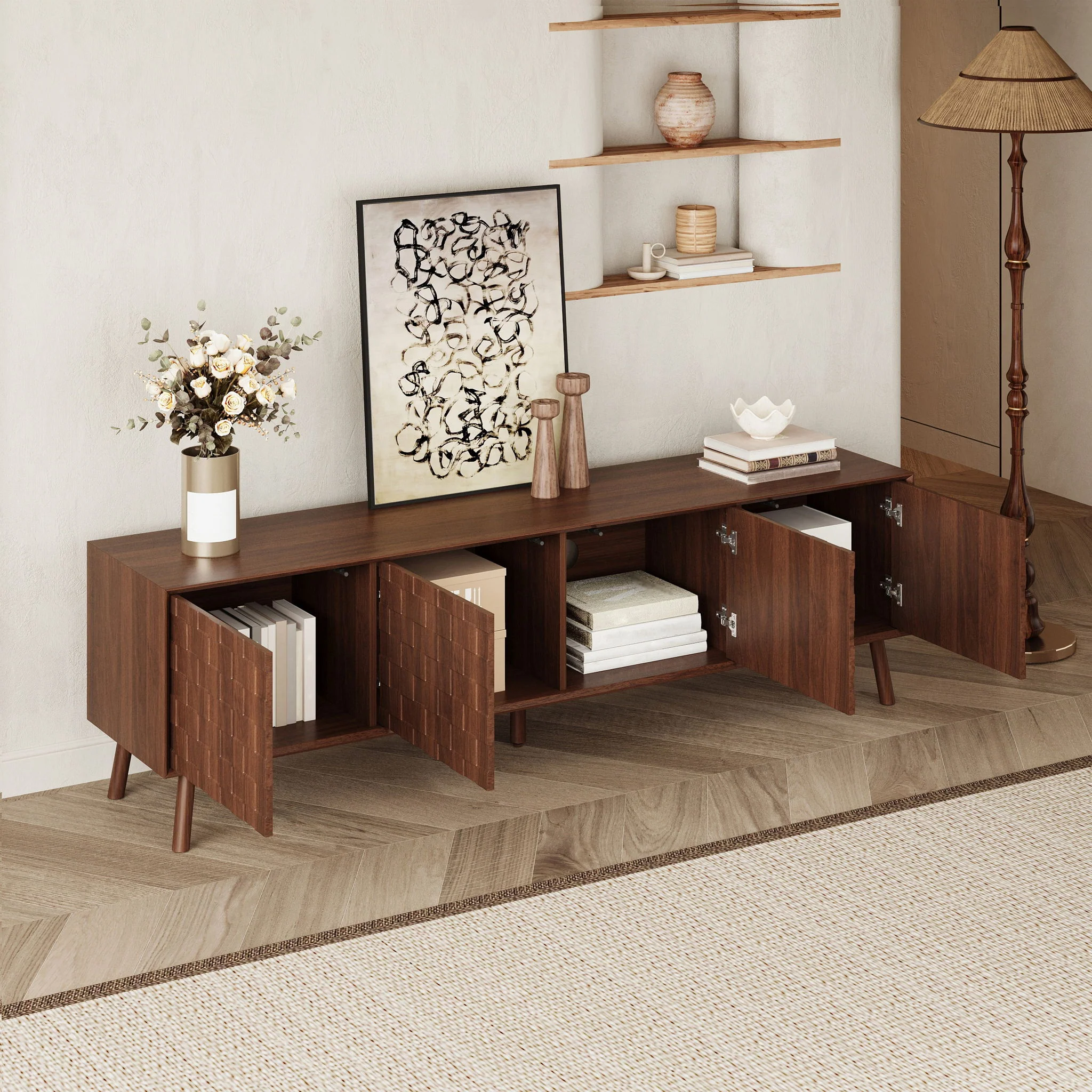 TV Stand With Soft Closing Hinges And Cable Management - Walnut - Image 4