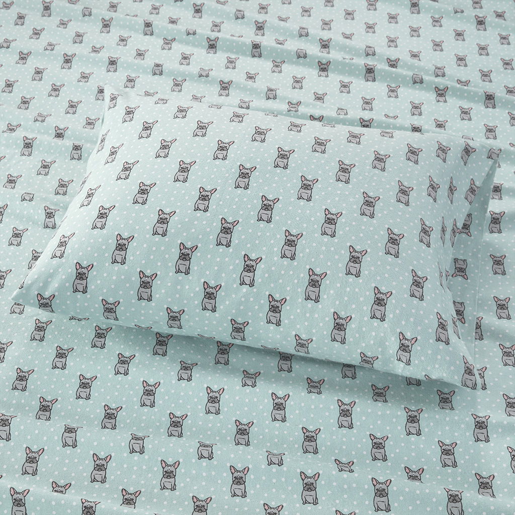 Cozy Flannel - Twin Printed Sheet Set - Aqua French Bulldog - Image 2