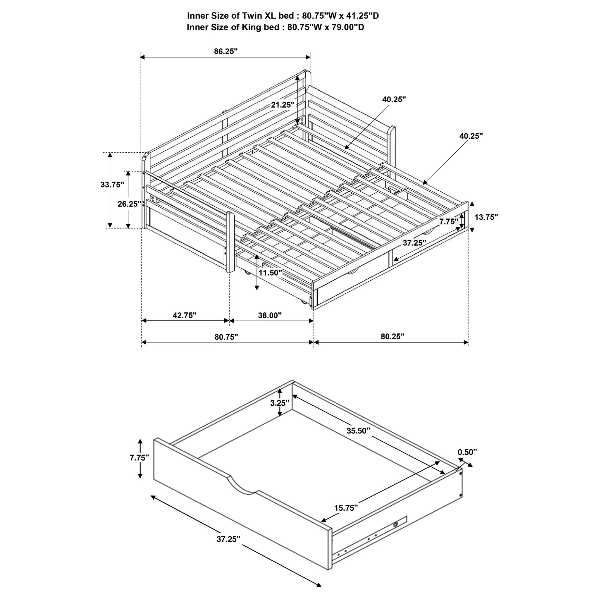 Twin Long 2 Drawer Daybed With Extendable Trundle, Storage Drawers, Fits Standard Mattress - Gray - Image 2