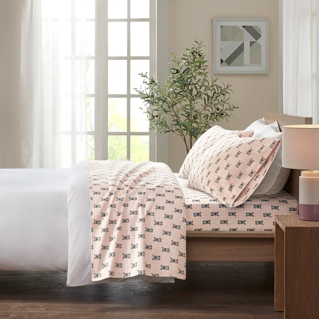 Cozy Flannel - Twin Long Printed Sheet Set - Pink French Bulldog