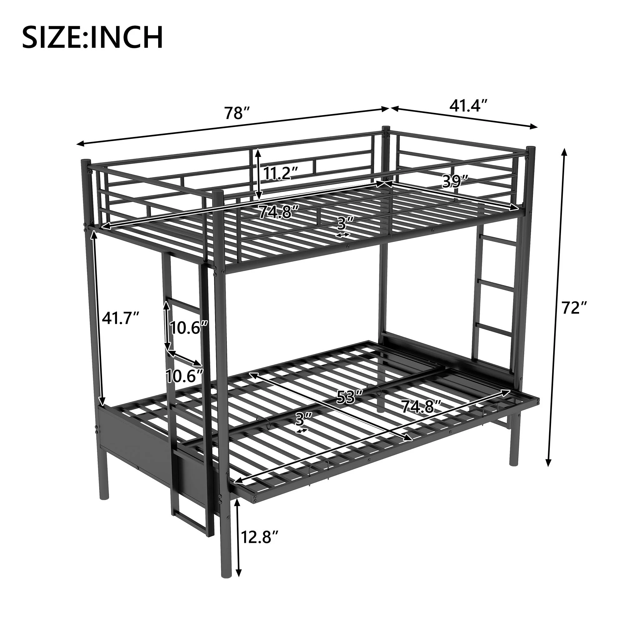Twin Over Full Bunk Bed, Multifunction - Black - Image 3