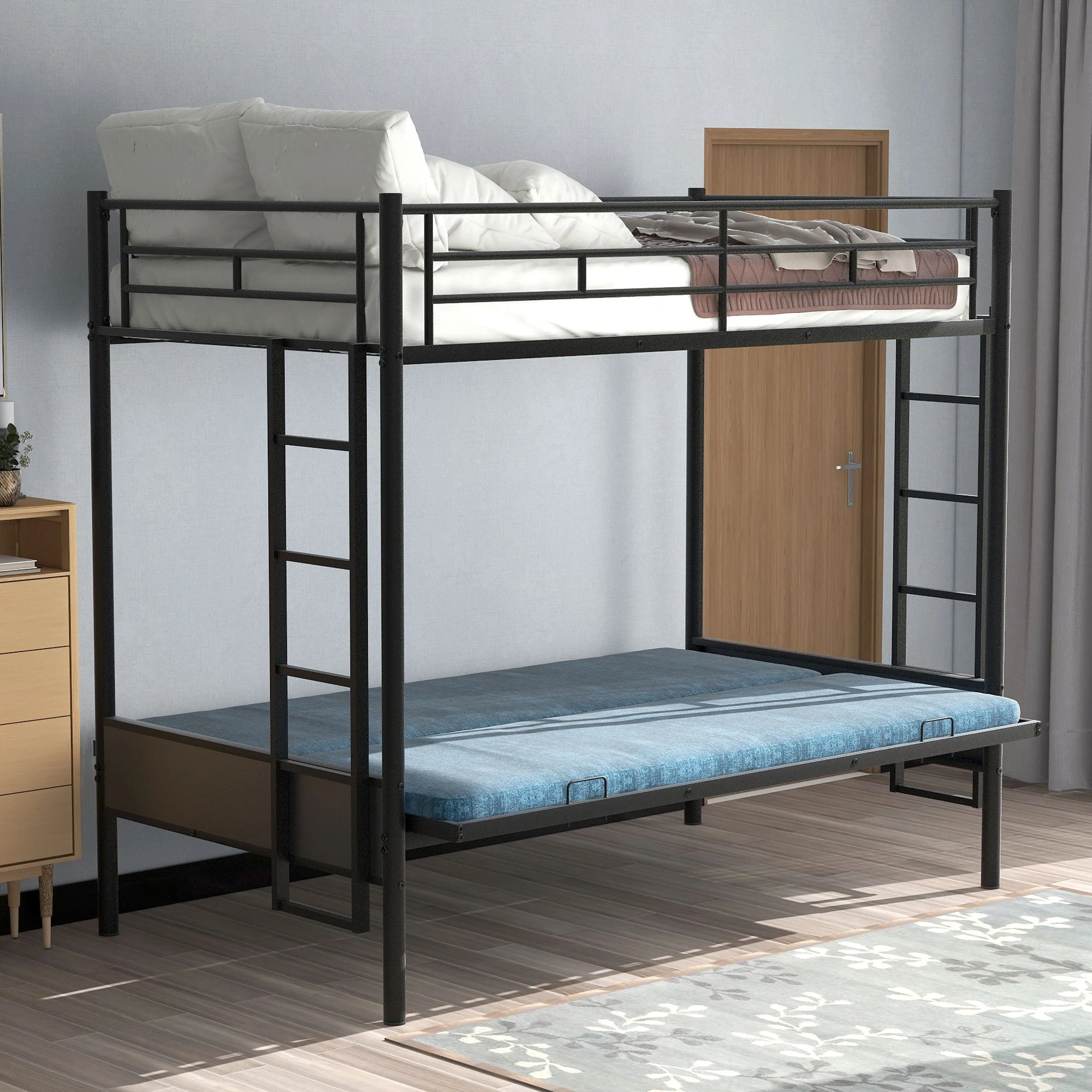 Twin Over Full Bunk Bed, Multifunction - Black - Image 4