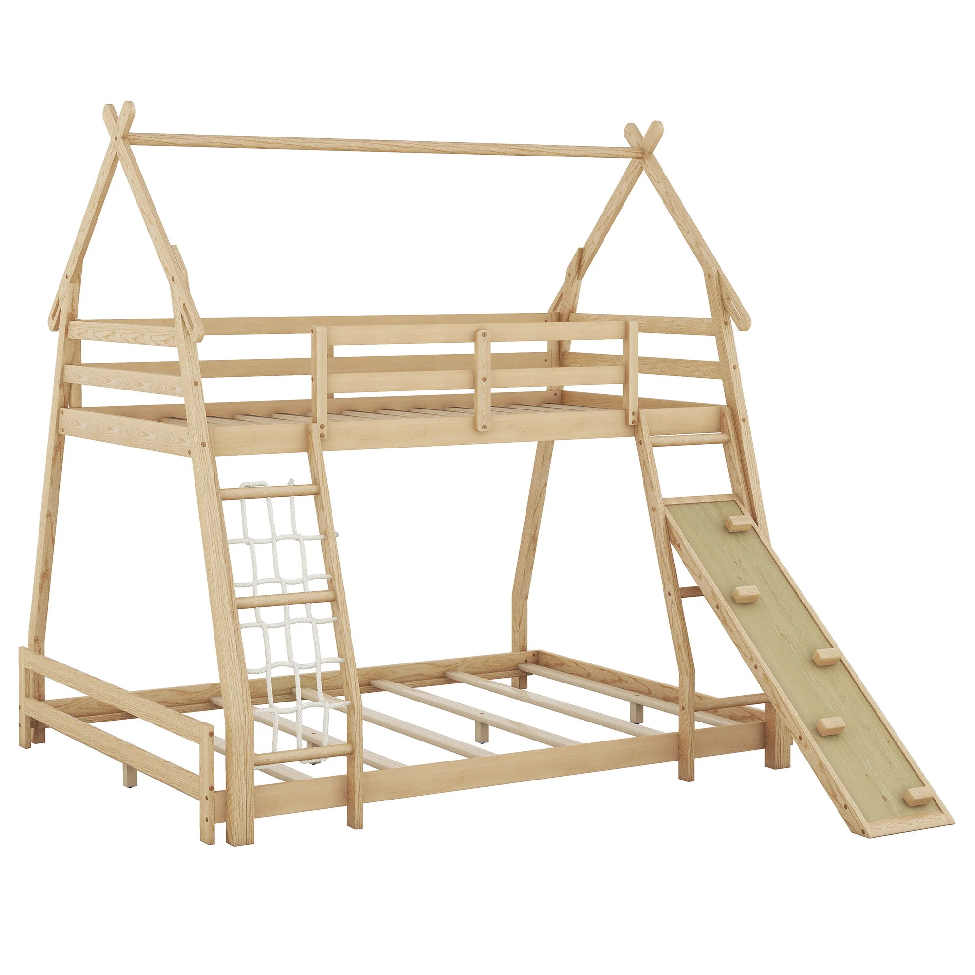Twin Over Queen House Bunk Bed With Climbing Nets And Climbing Ramp - Image 2