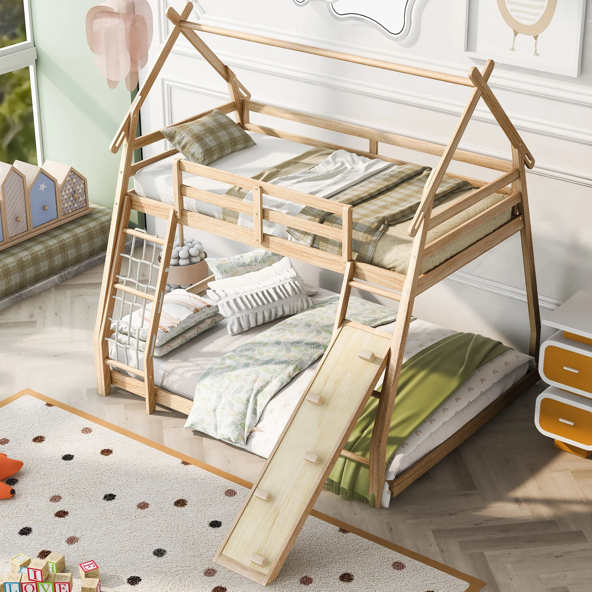 Twin Over Queen House Bunk Bed With Climbing Nets And Climbing Ramp - Image 3