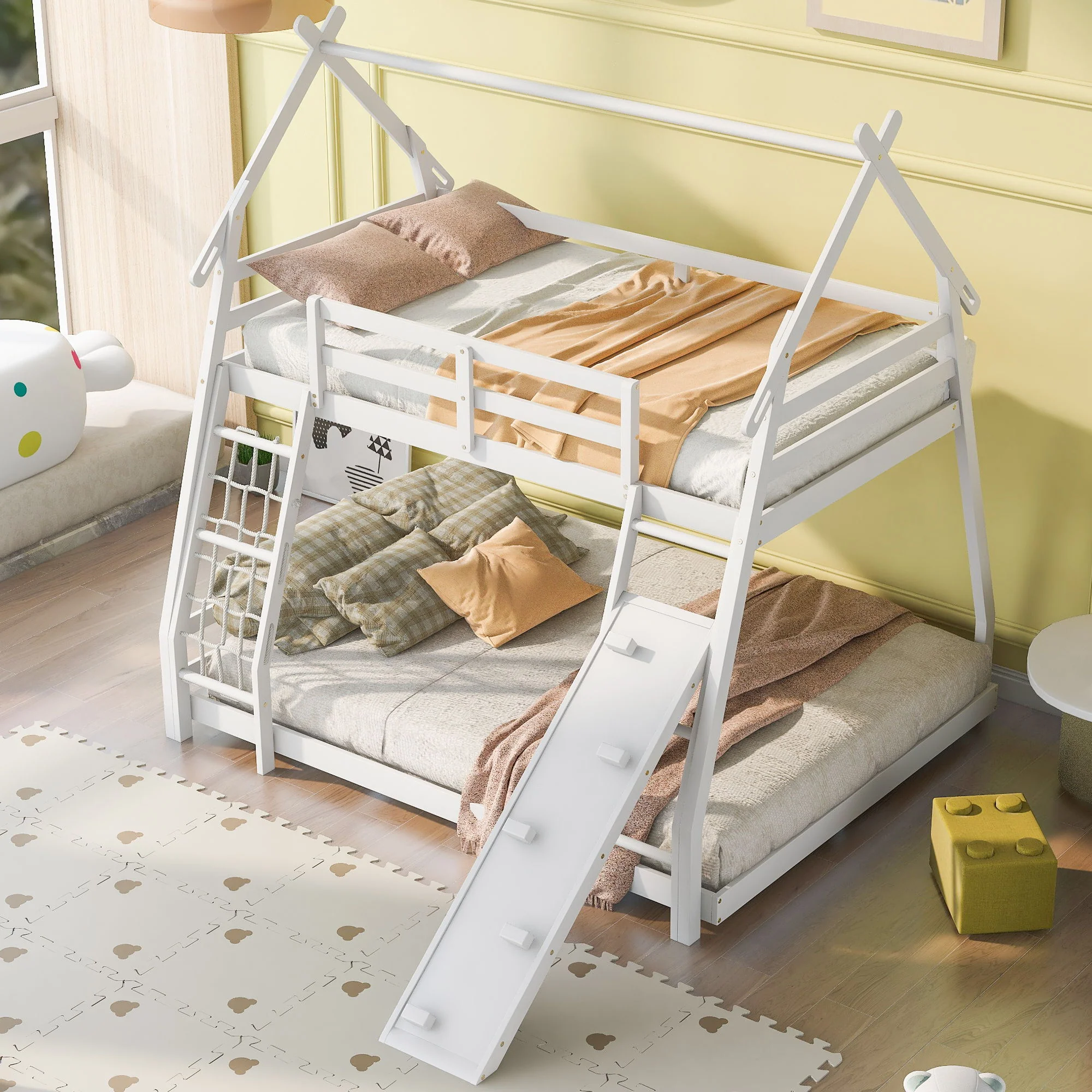 Twin Over Queen House Bunk Bed With Climbing Nets And Climbing Ramp - Image 4