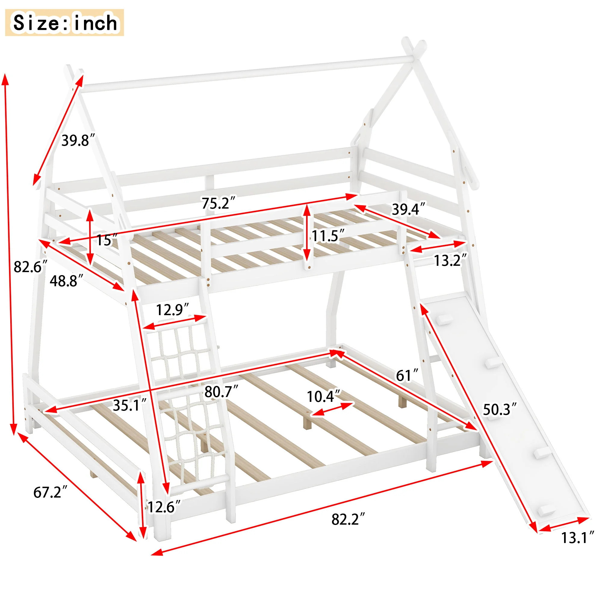 Twin Over Queen House Bunk Bed With Climbing Nets And Climbing Ramp - Image 7