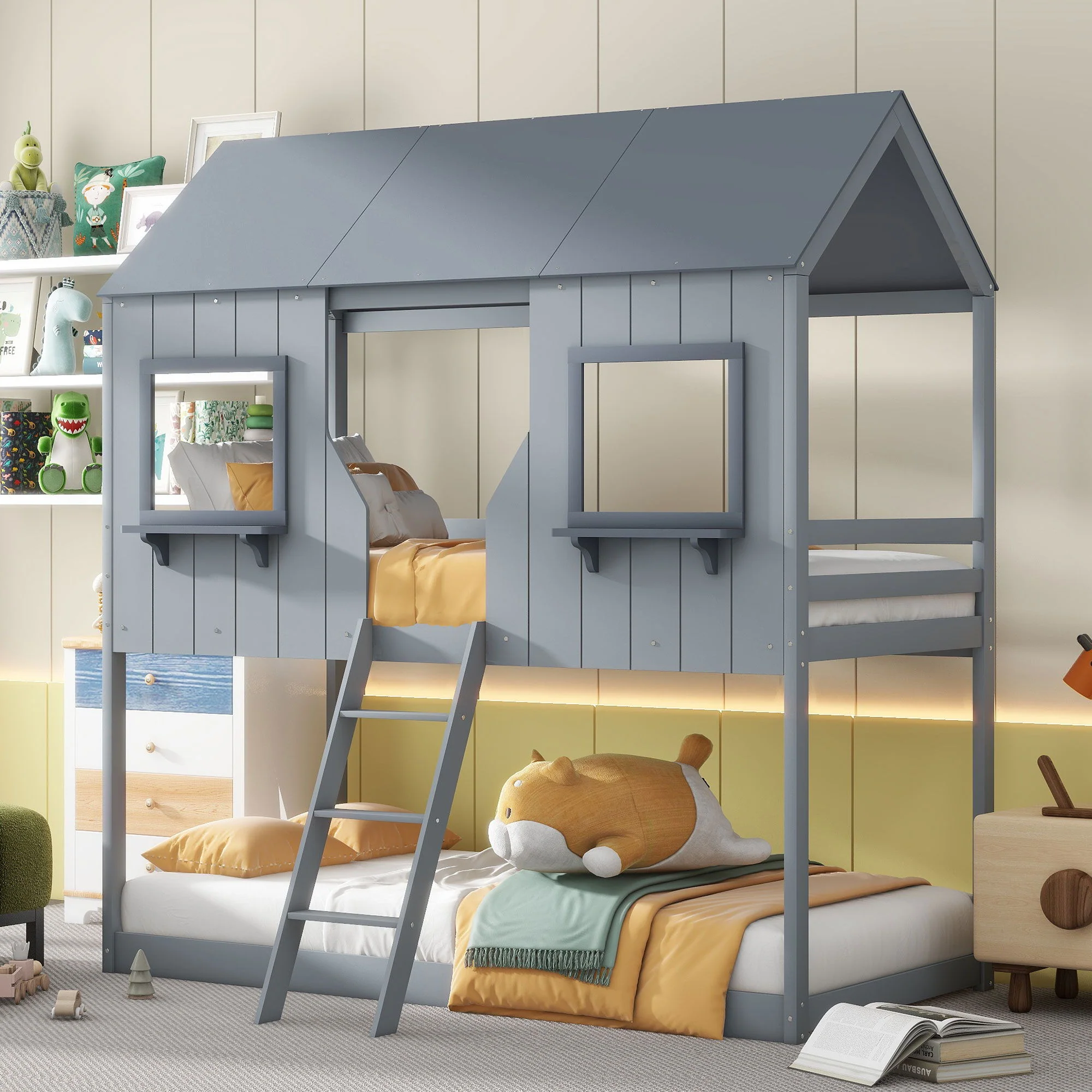 Twin Over Twin Bunk Bed With Roof, Window, Guardrail, Ladder