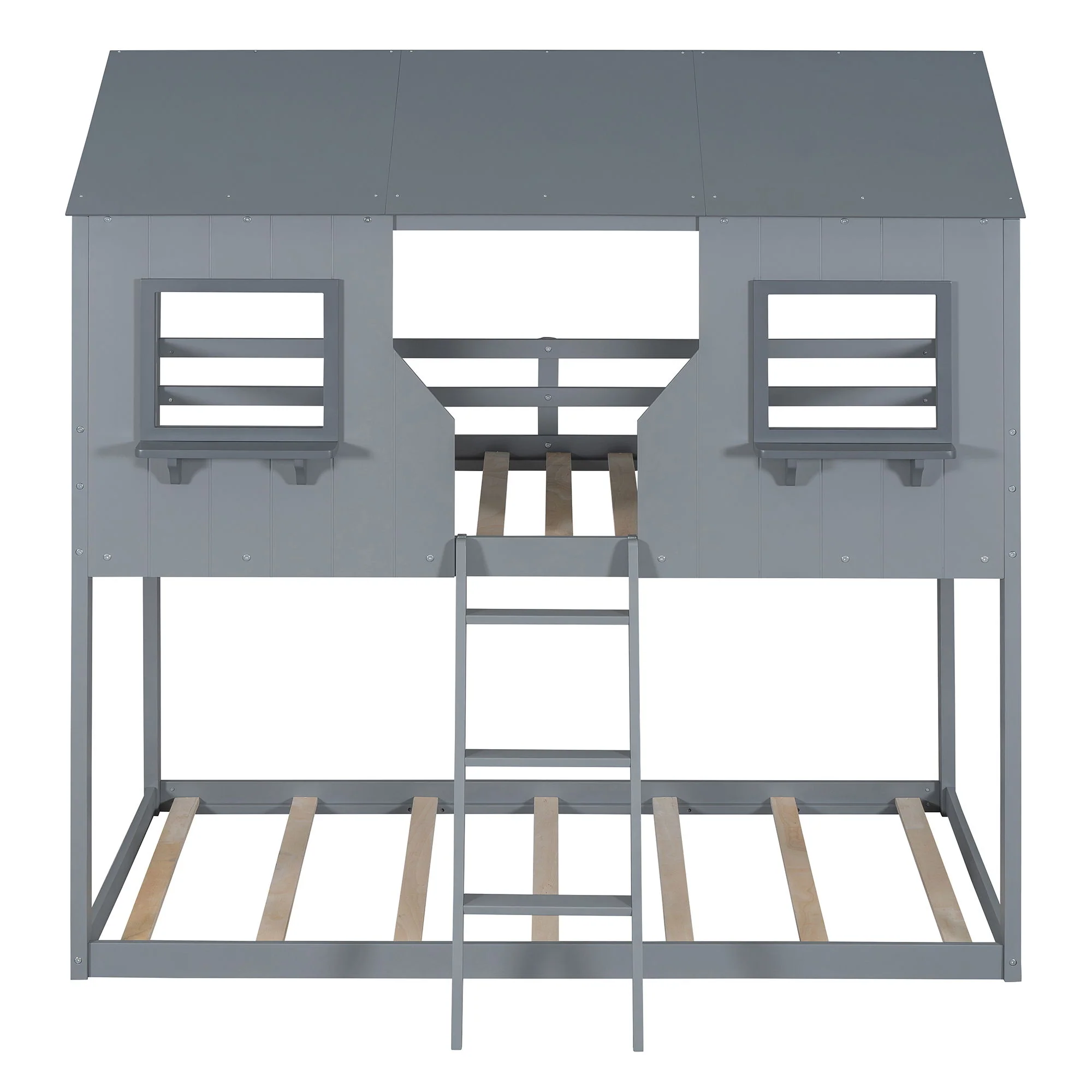 Twin Over Twin Bunk Bed With Roof, Window, Guardrail, Ladder - Image 3
