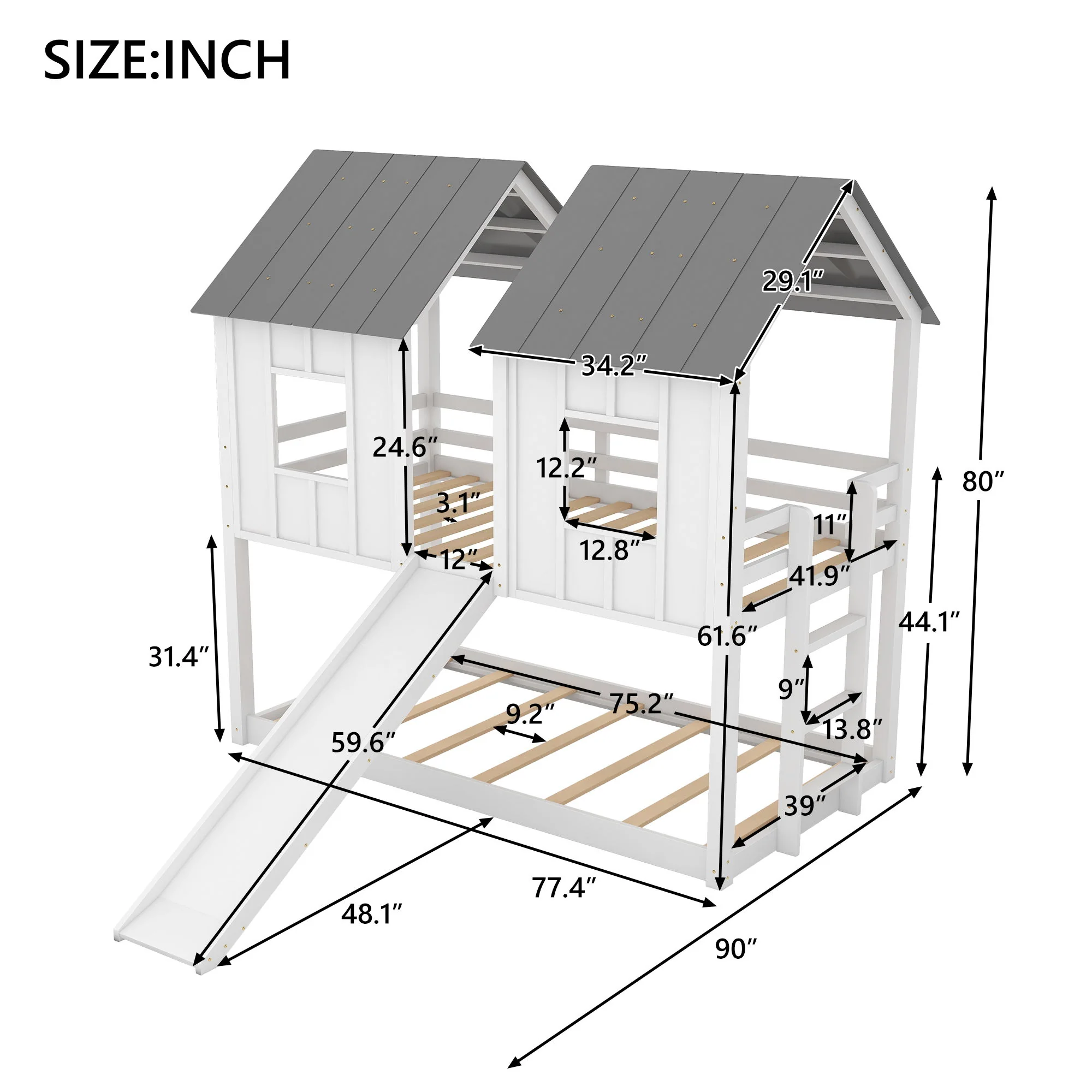 Twin Over Twin House Bunk Bed With Slide And Windows - White / Gray - Image 4
