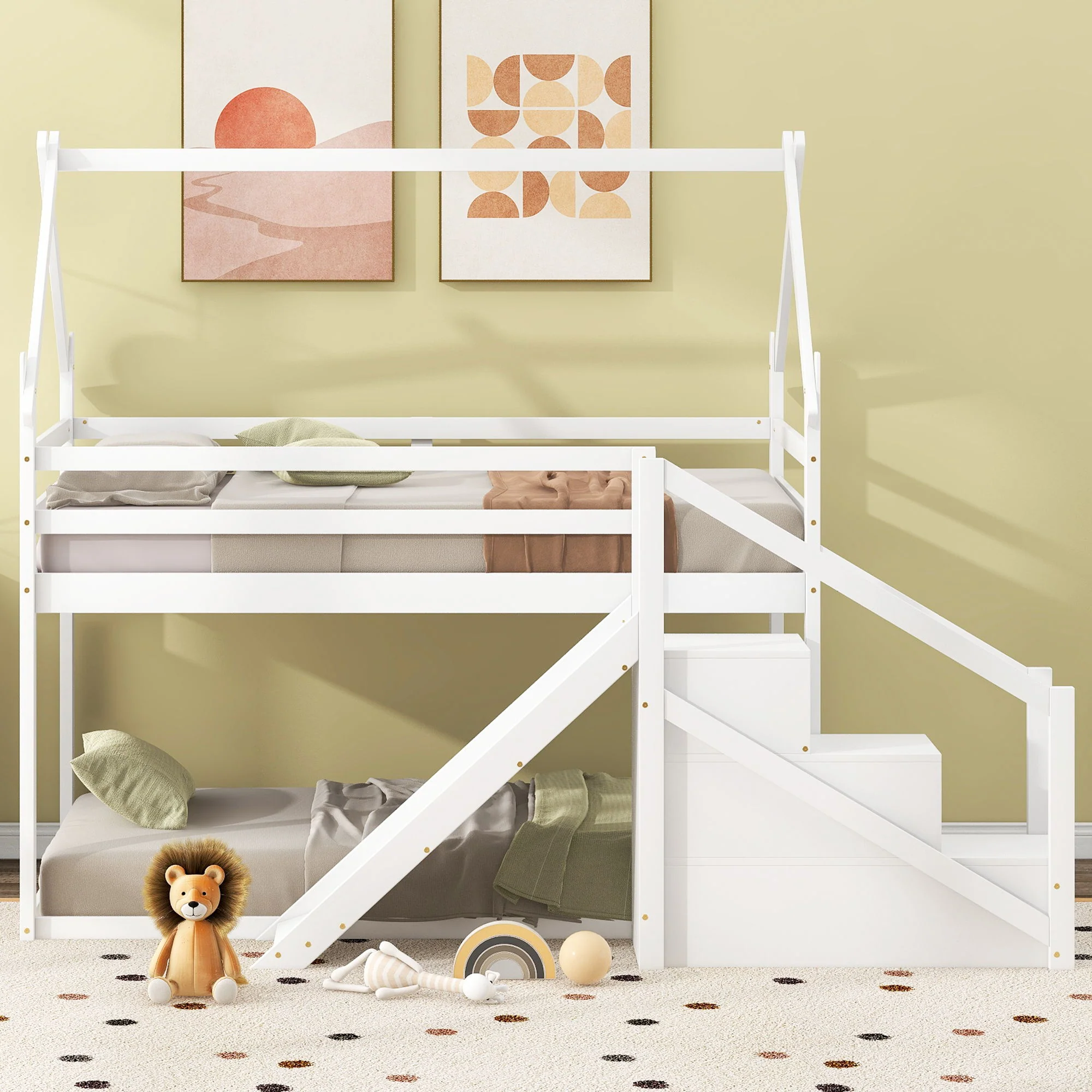 Twin Over Twin House Loft Or Bunk Bed With Slide And Staircase - Image 5