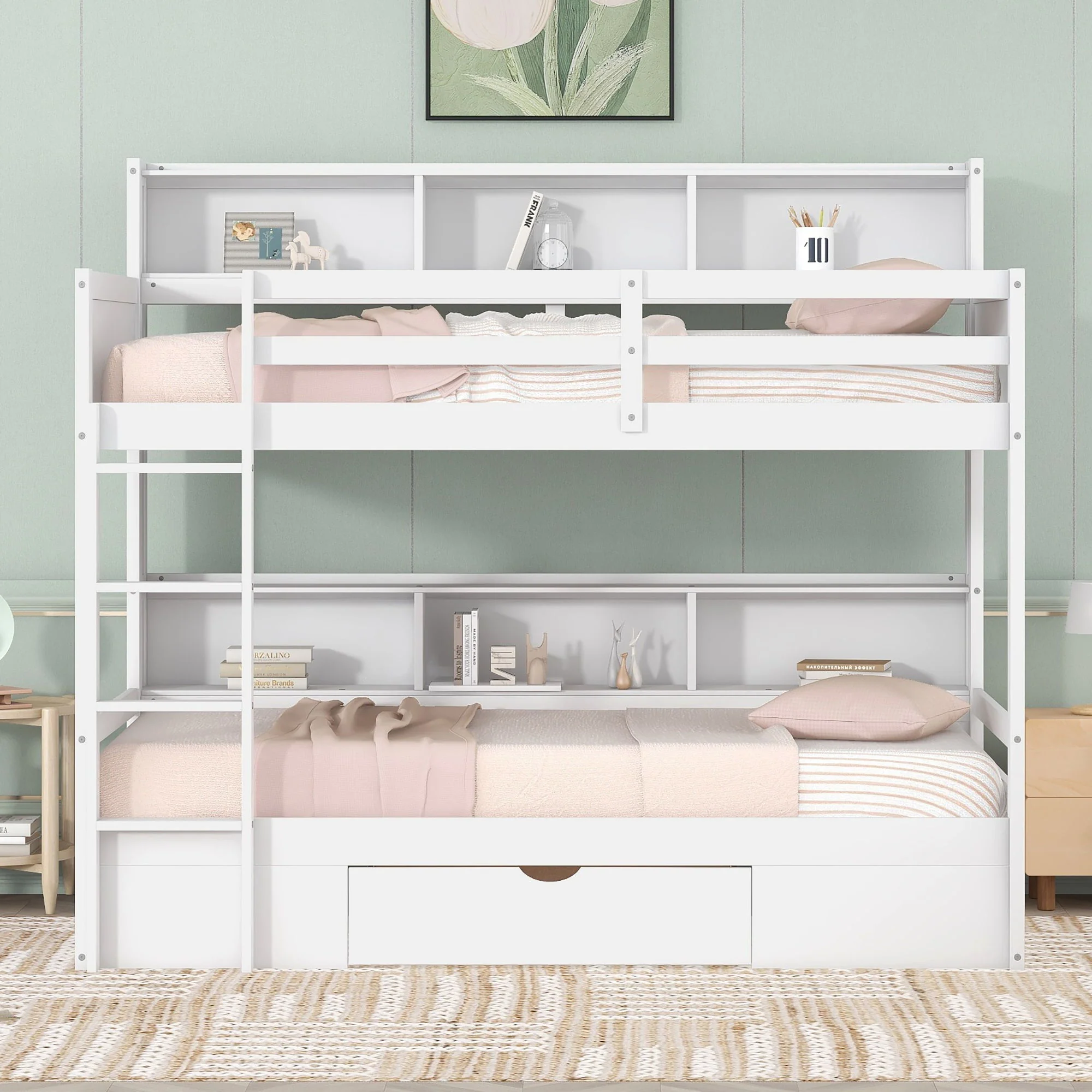 Twin Size Bunk Bed With Built-In Shelves Beside Both Upper And Down Bed And Storage Drawer - Image 7