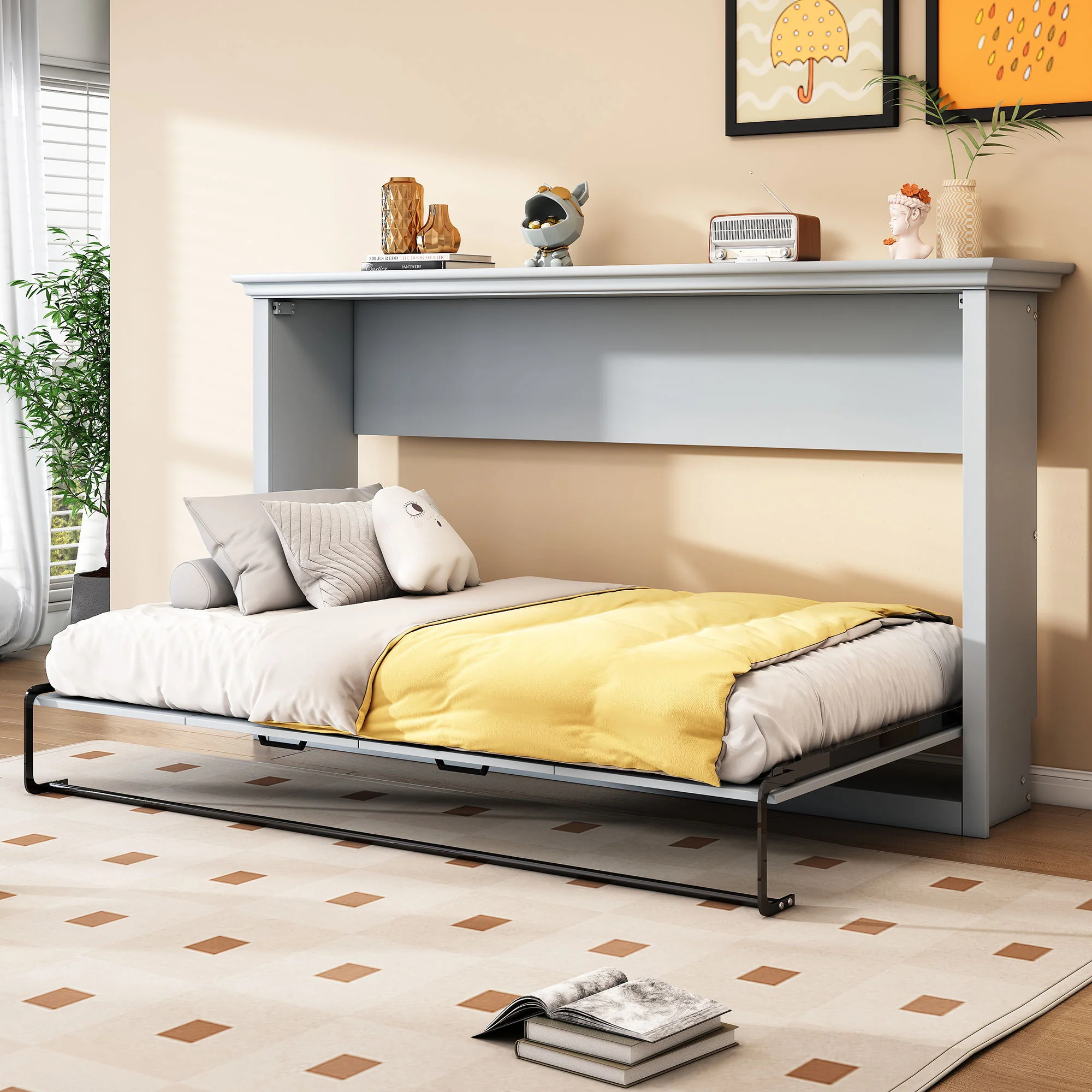Twin Size Murphy Bed With Cabinet Storage - Gray - Image 4